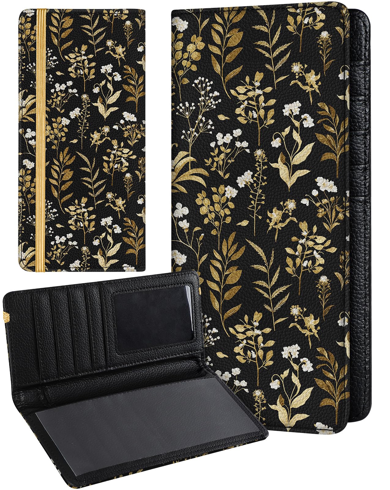 Slohif Checkbook Cover for Personal Duplicate Checks - Women Check Cover Book Wallet Holder Green Leaves White Flowers Faux Leather Top Side Tear