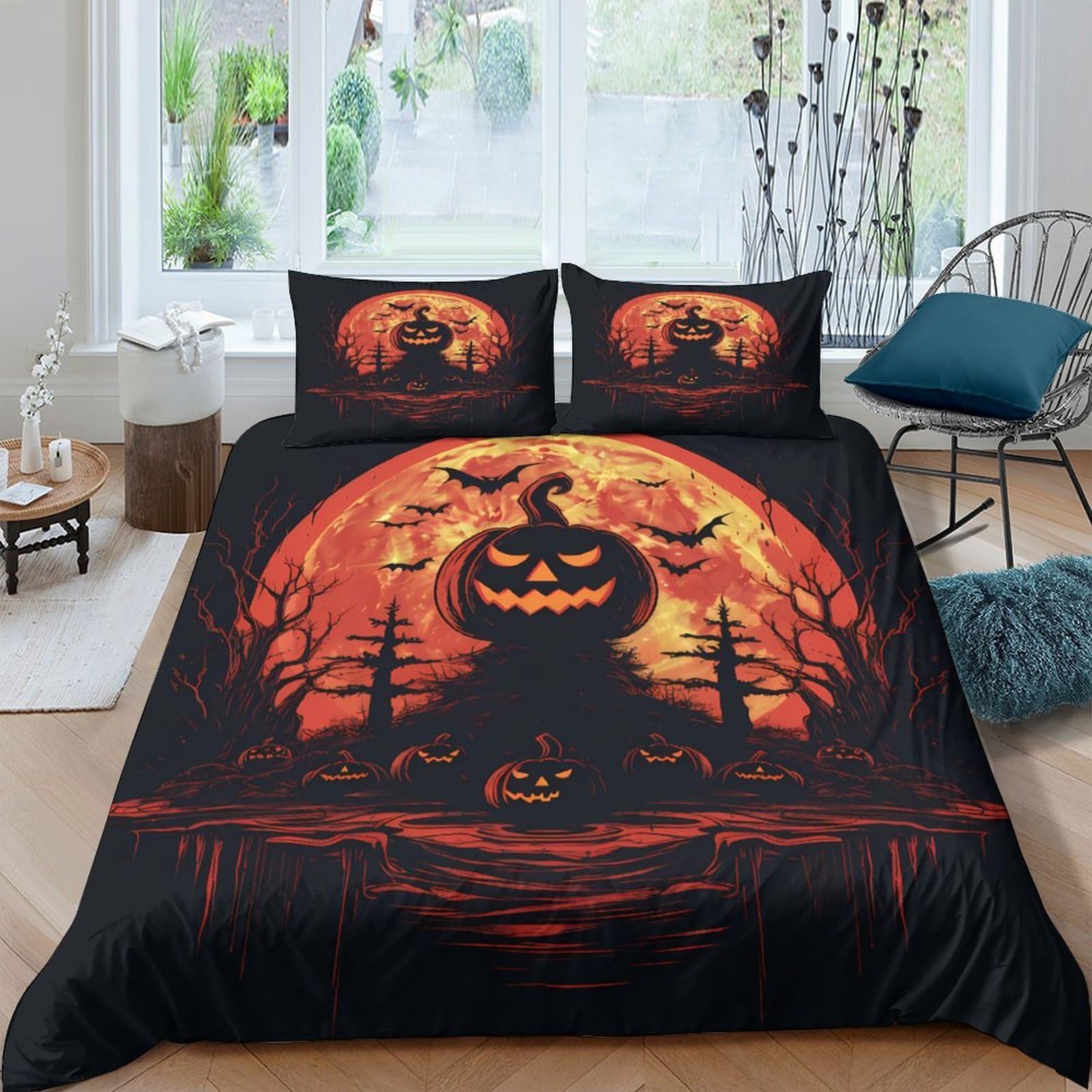 Ctjqhvkz Style-10 3D Printed Halloween Pumpkin Fitted Sheet Microfiber Soft Black Orange Bat Tree Mattress Cover For Bedroom Dorm Easy Care Single（135X200cm）