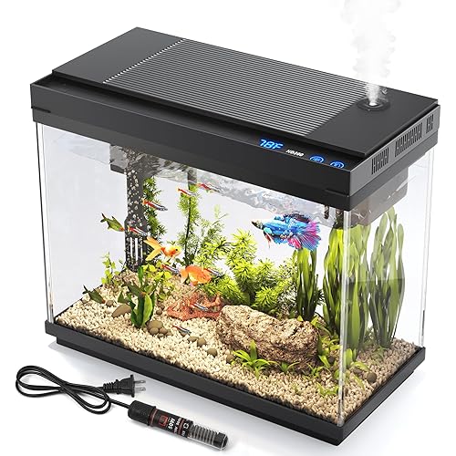 Fish Tank 2.4 Gallon Aquarium with Heater, 3-in-1 Silent Pump with Filteration & Oxygenation & Circulation, 7-Color Timer Cycle Light, Temperature Display, Humidifier, HD Glass Fish Bowl