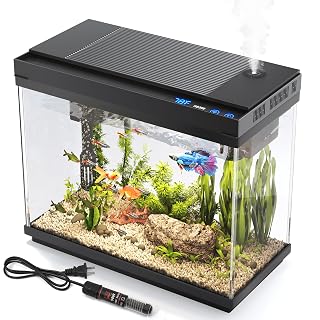 Fish Tank 2.4 Gallon Aquarium with Heater, 3-in-1 Silent Pump with Filteration & Oxygenation & Circulation, 7-Color Timer Cycle Light, Temperature Display, Humidifier, HD Glass Fish Bowl - Amazon product rated Grade A