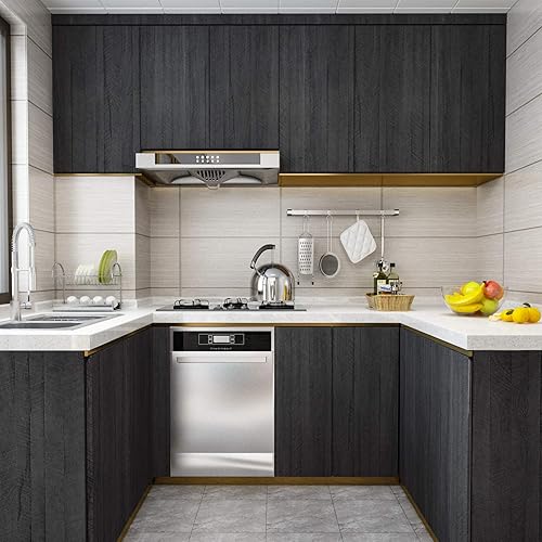 Miniatura 3 de WESTICK Papel de contacto negro y dorado con aspecto de madera, papel tapiz de 394 x 15.75 pulgadas, papel de contacto de madera vintage para