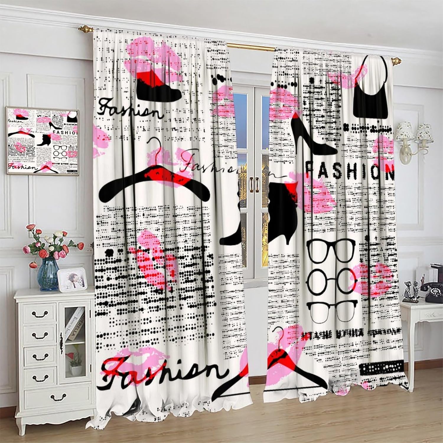Old Newspaper Decor Window Curtain, Fashion Elements Kisses Lipstick Glasses Shoes Hangers Print for Home Kitchen Livingroom Coffee Room Window Curtain 2Panel 42" W X 63" L