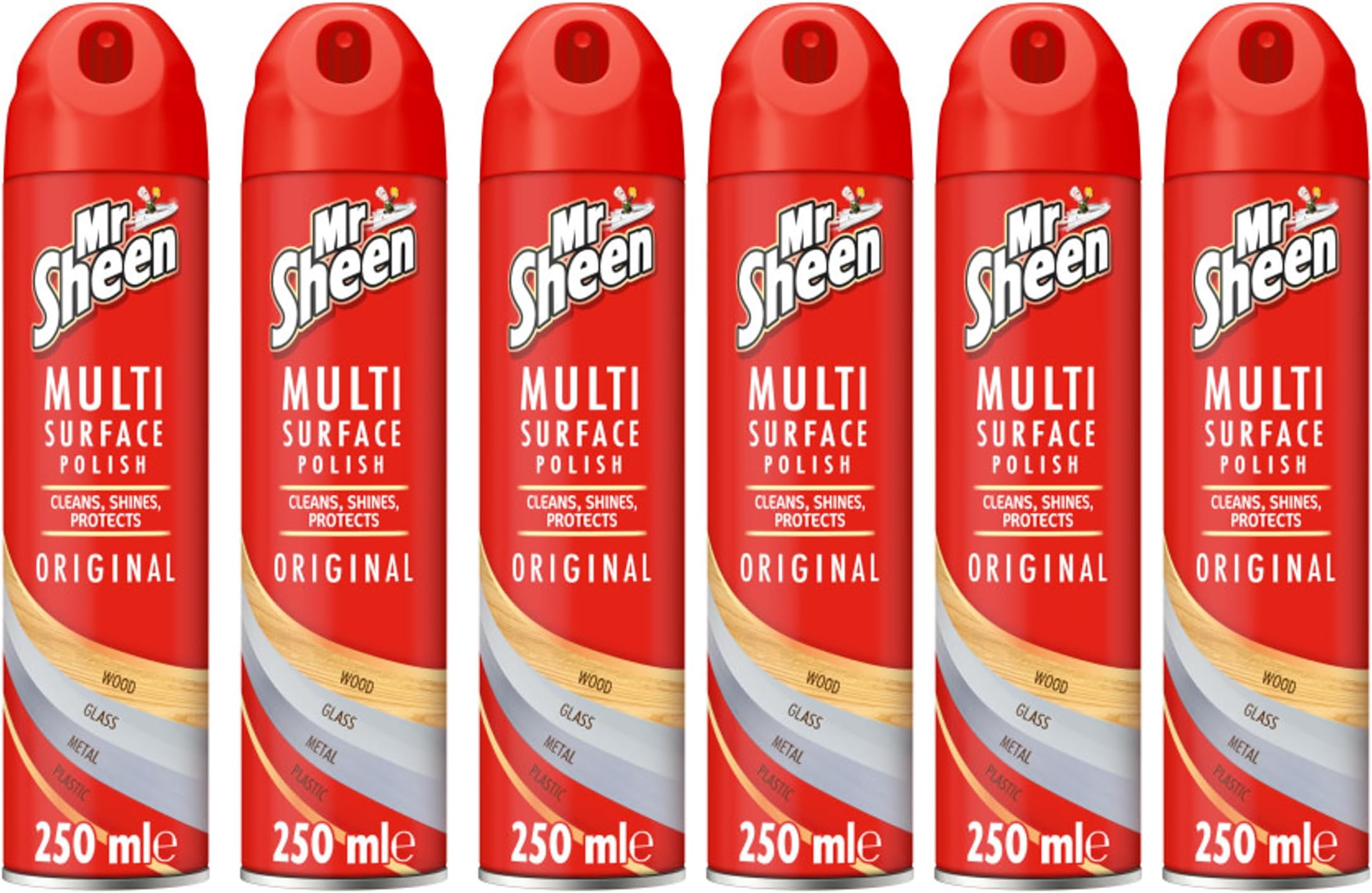Mr Sheen Multi Surface Polish Spray, for Use on Wood, Plastic, Glass and Metal, Scent: Original, 250ml, Pack of 6