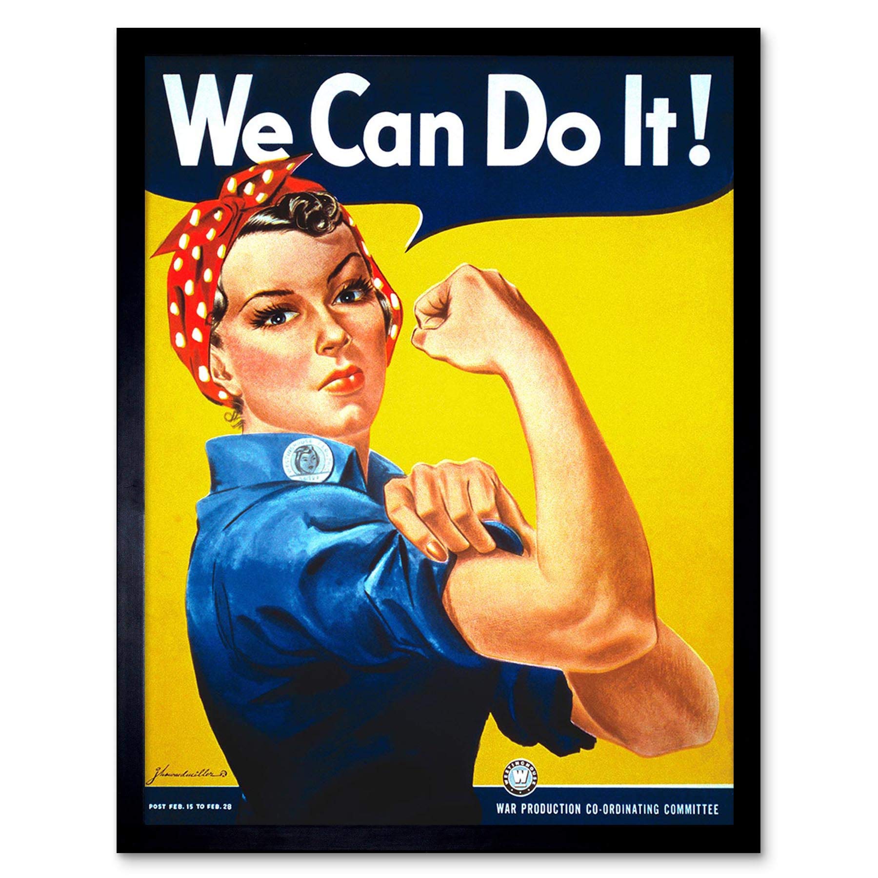 Artery8 Framed Print - Women USA Rosie Riveter Wall Art - Yellow - 12" x 16"