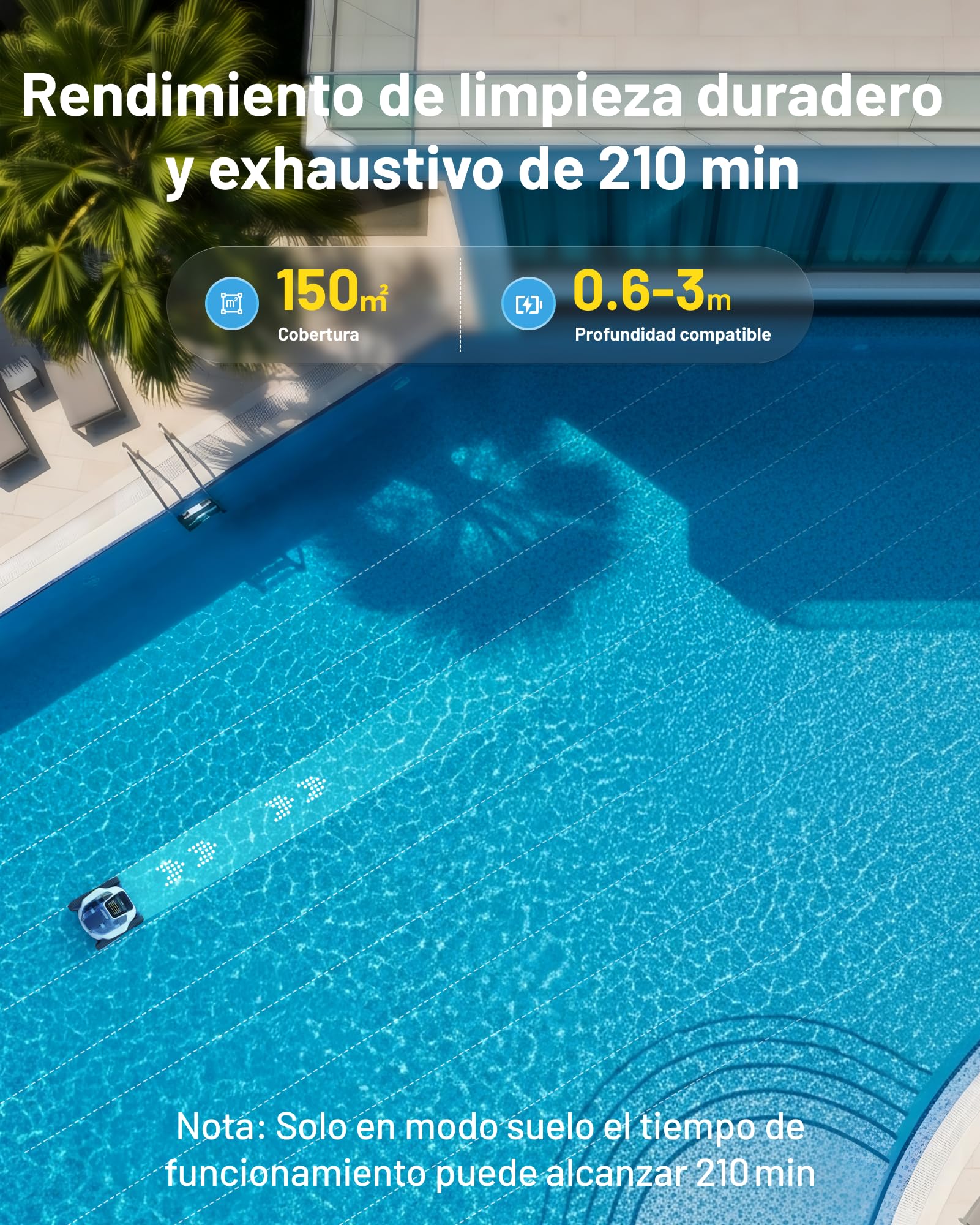 Spino E1 Robot Limpiafondos Auto de Piscina Sin Cable, Autonomía de 210 Mins, 21950 LPH MAX, 5 Modos Robot de Piscina 150㎡, Limpieza de Pared y Línea de Agua, Control por App, Viaje SmartArc