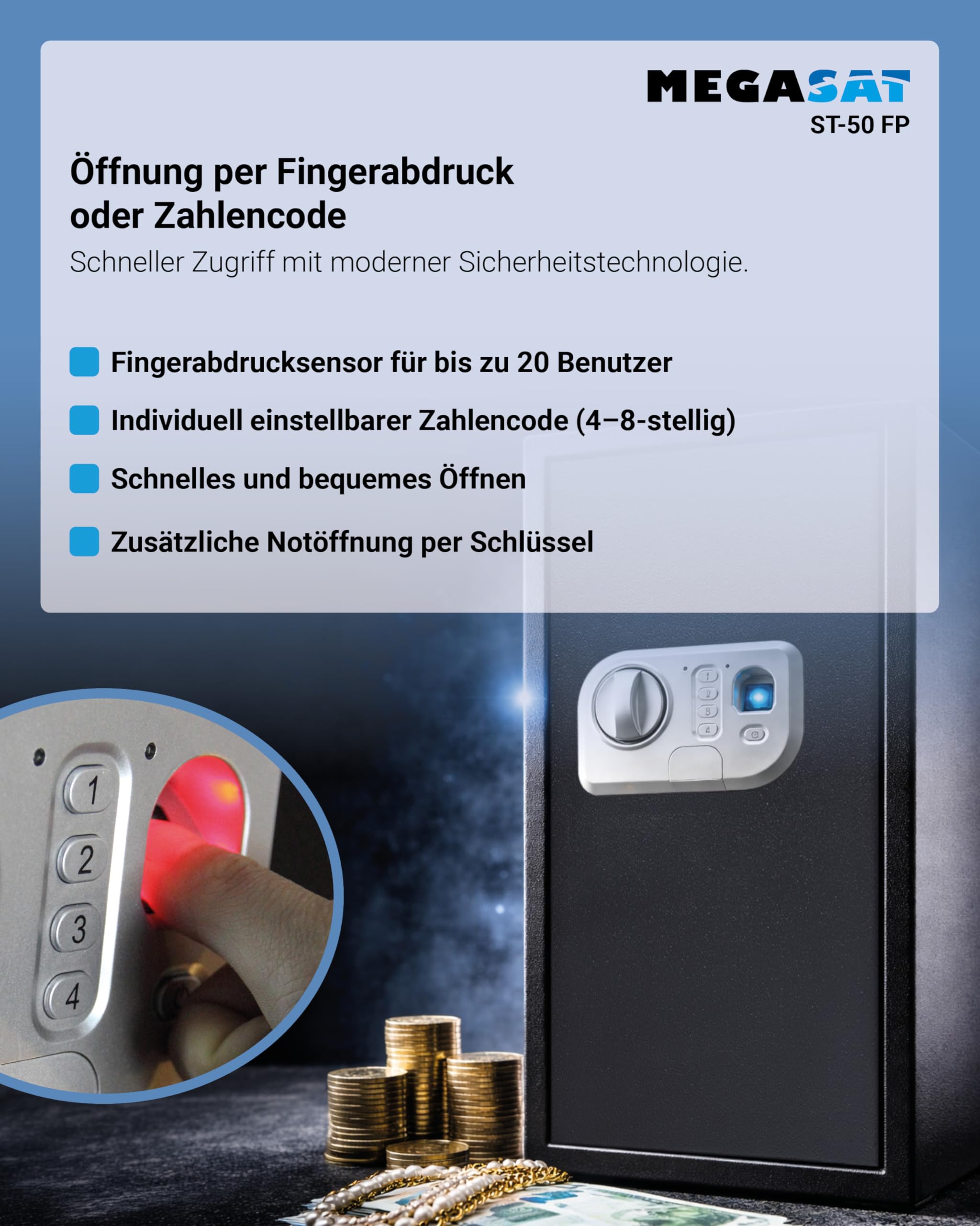 Megasat ST-50 FP – Tresor mit Fingerprint, Volumen 42,5 l – Schwarz