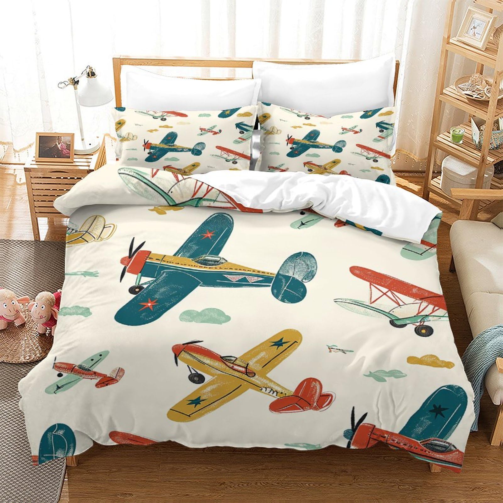 P1S9U7W5Y Vintage Aircraft 3D Printed Microfiber Duvet Cover Set 3pcs Aviation Bedding Set Double（200x200cm）
