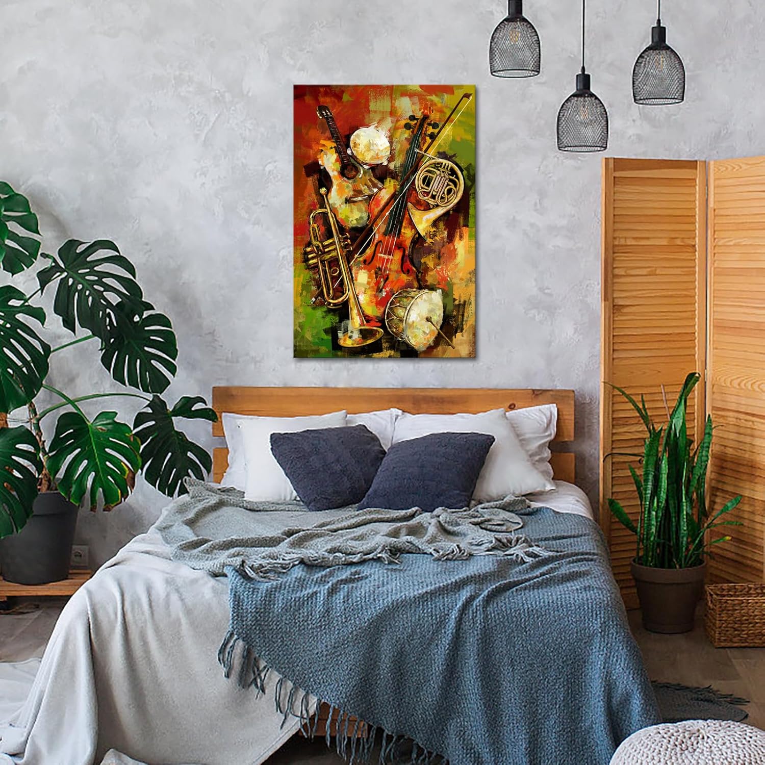 iHAPPYWALL Vintage Music Canvas Wall Art Abstract Guitar Drum Violin Colorful Musical Instruments Theme Picture for Bedroom Living Room Ready to Hang 24x36inch (Multi-color)