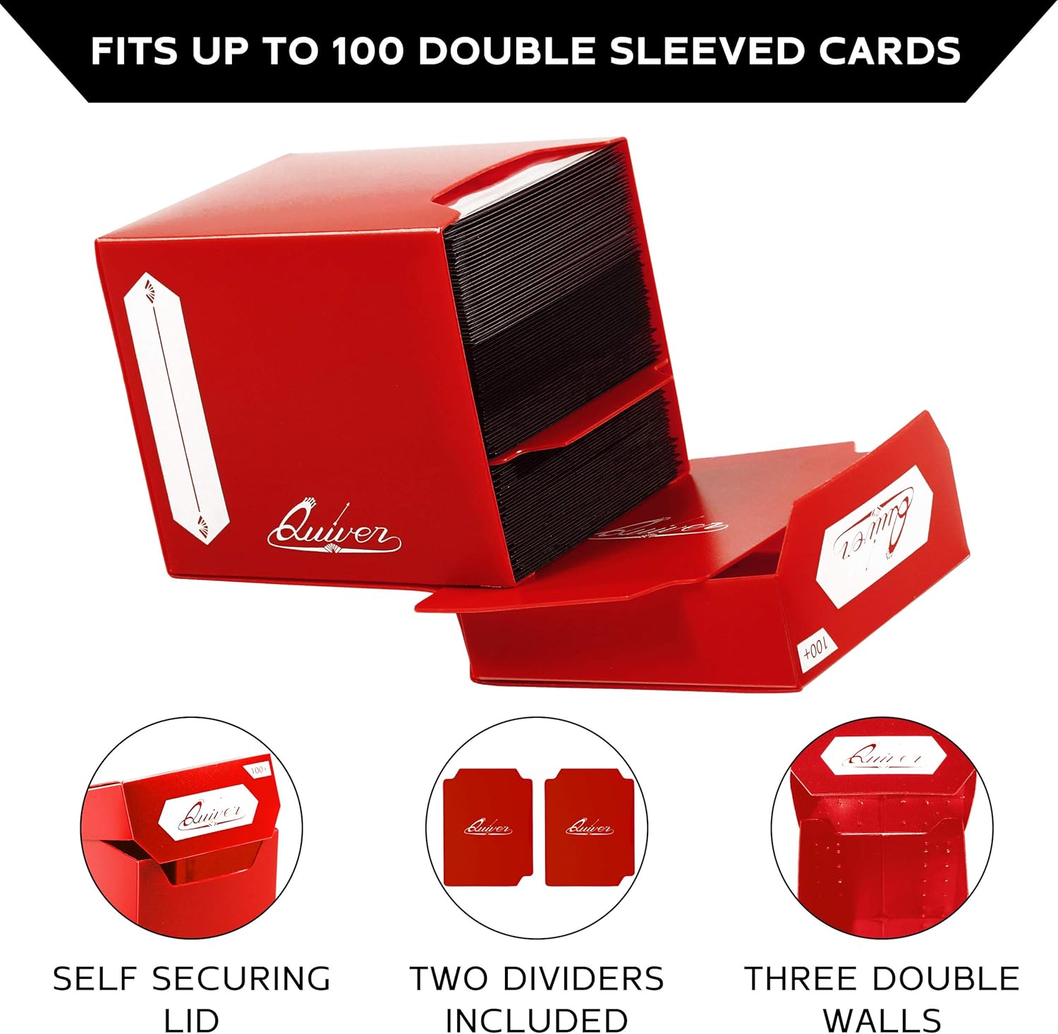 Quiver Time Red Trading Card Deck Block & Card Sleeves Bundle Fits Magic: The Gathering Cards & Other TCG - 100+ Standard Deck Box with 2 Dividers and 100 Artemis Red Sleeves (66 x 93 mm)