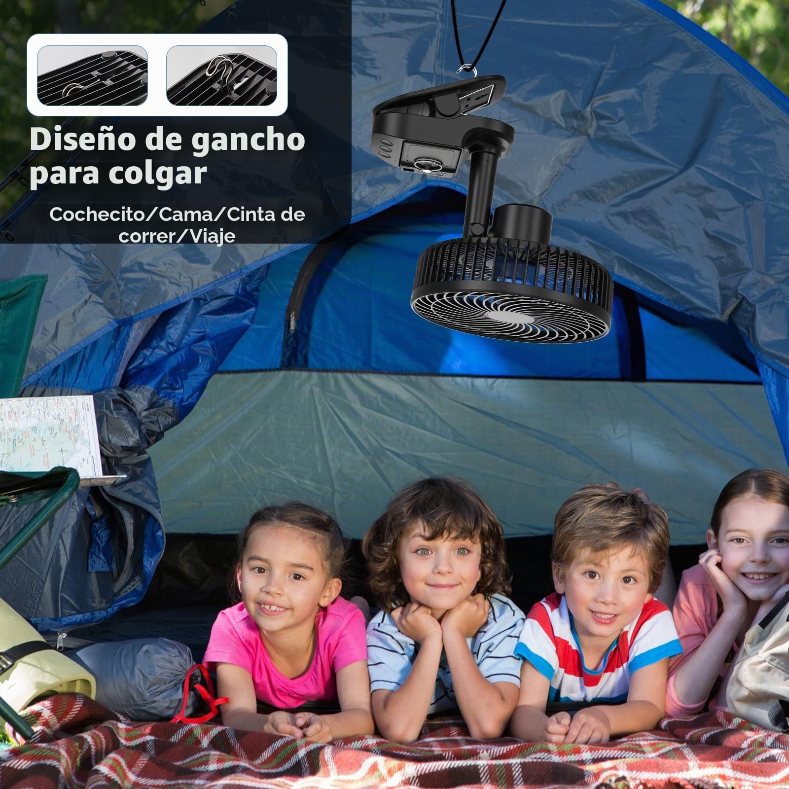 ATEngeus Ventilador USB 4 en 1, 8'' Pinza Ventiladores, 10000 mAh Recargable Batería Ventilador, 5 Velocidades Camping Ventilador, Rotación automática de 45°/90°, Temporizador, con clip y gancho