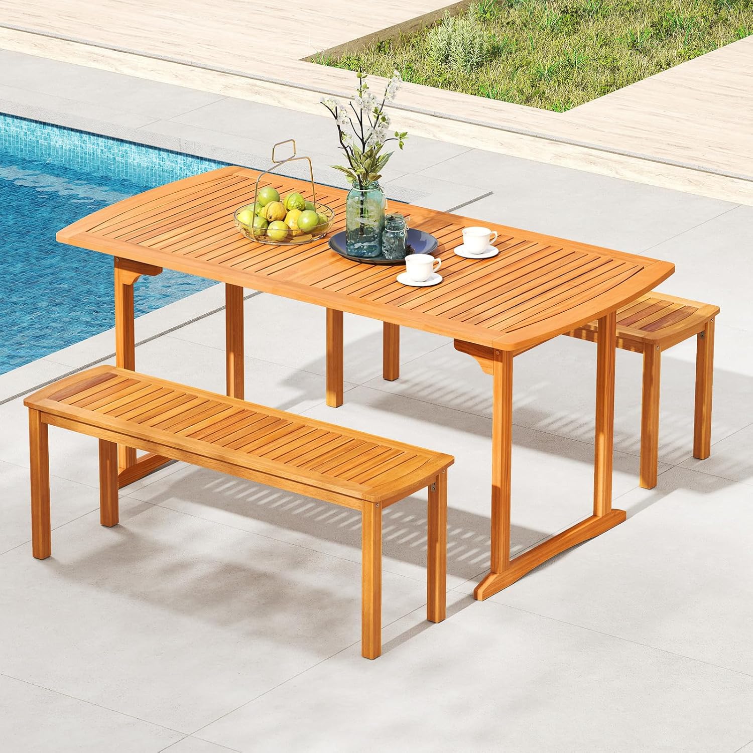 Tangkula 3 Piece Acacia Wood Patio Dining Table Set, 63" Large Patio Table & 2 Backless Benches w/Umbrella Hole, Farmhouse Indoor Outdoor Diner Furniture for Garden Poolside Deck Kitchen