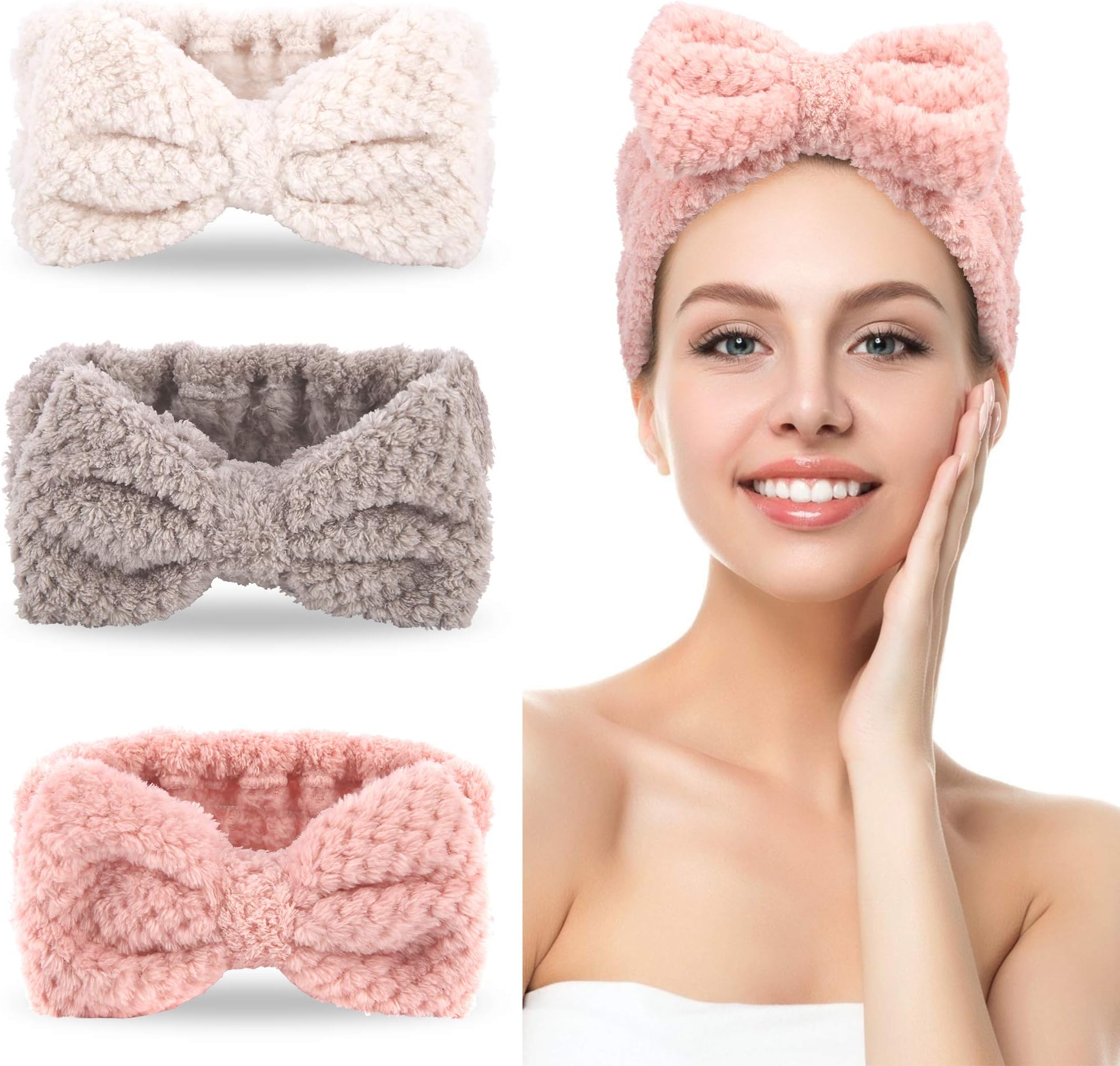 DOOBO 3 Pack Spa Headbands Microfiber Bowtie Headbands for Women for Washing Face, White, Gray, Pink