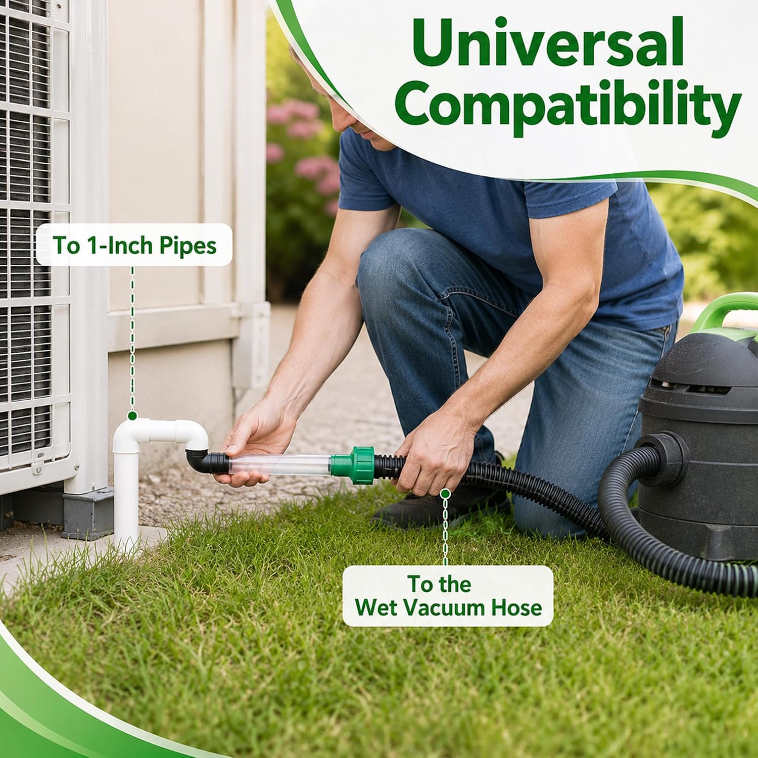 AC Drain Line Vacuum Adapter, Type for Conversion From HVAC to PVC | Leak-Proof Reinforced Wet Vacuum Hose Connector, Easy Operation AC Drain Evacuation Tool for Home HVAC System Maintenance