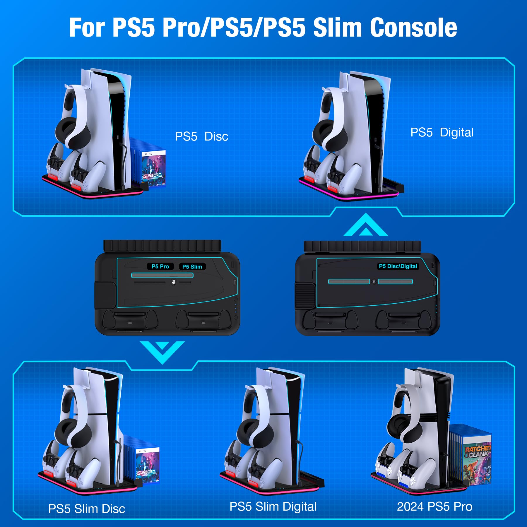 Supporto sottile per PS5 con stazione di raffreddamento e stazione di ricarica per console PS5 Slim/digitale, ventola di raffreddamento PS5, LED RGB, supporto per cuffie, 15 slot per giochi per