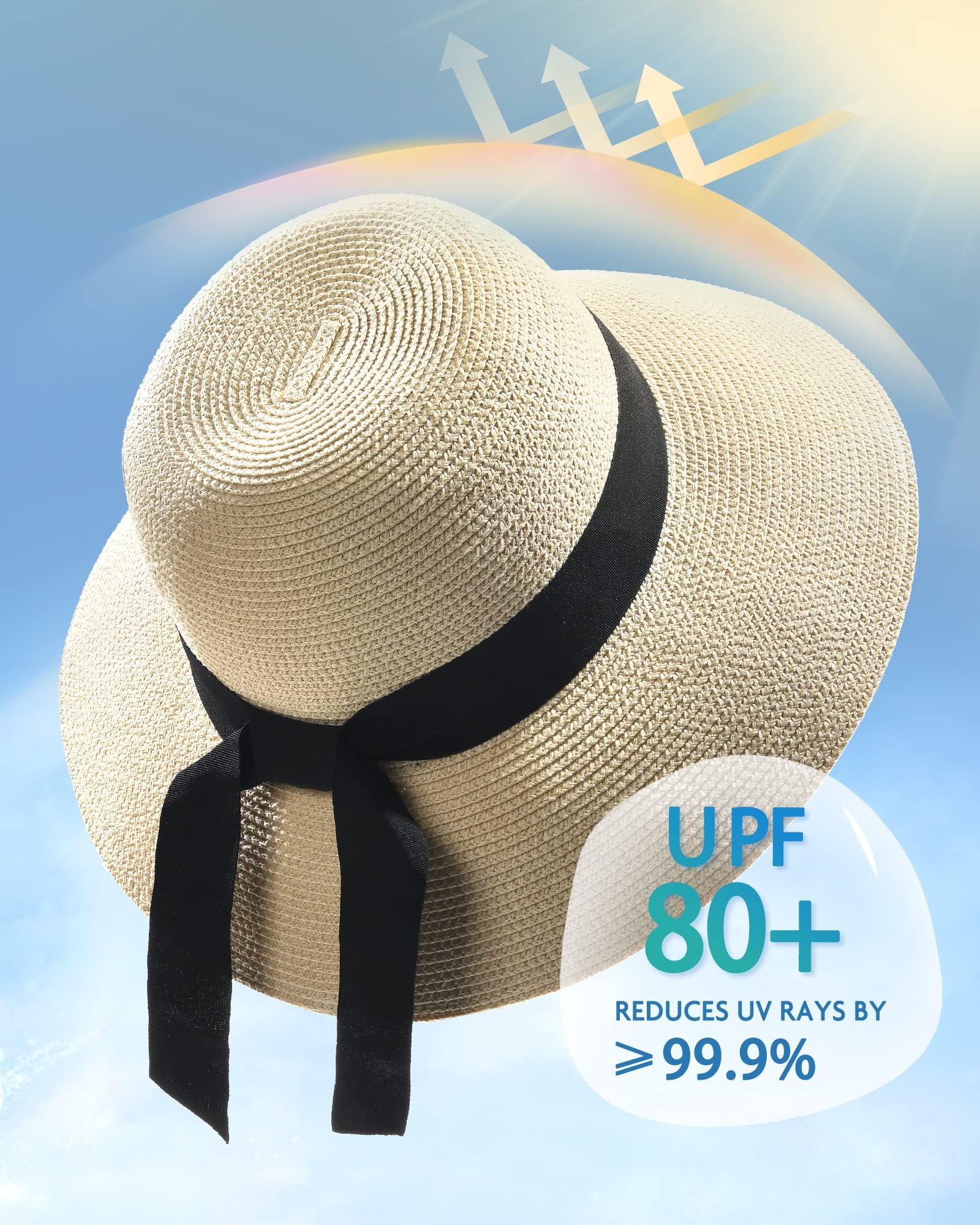 FURTALK Damska czapka słomkowa, ochrona UV UPF 80+, składana krawędź, na lato, beżowy, M/L
