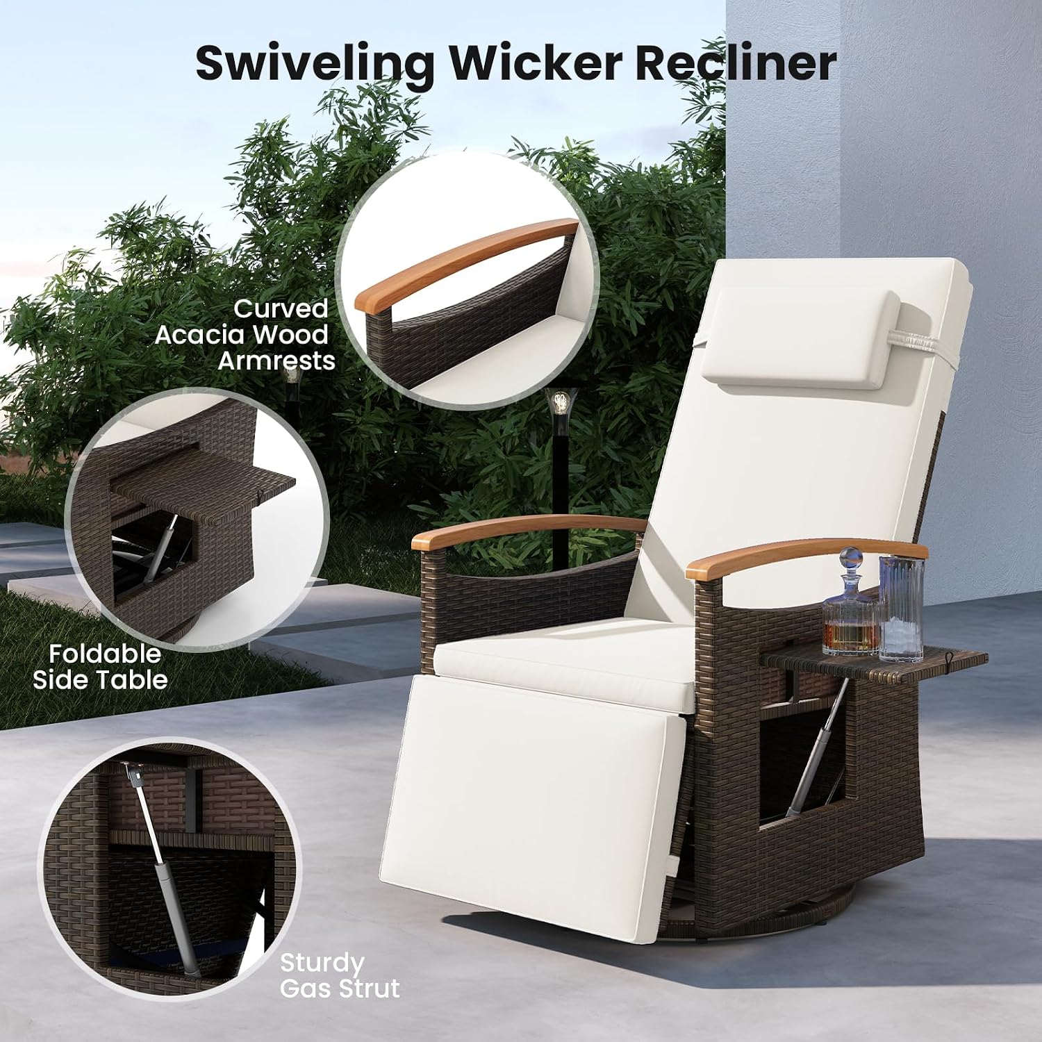 RELAX4LIFE Swivel Outdoor Recliner Chair - Wicker Rattan Chaise Lounge w/Adjustable Back & Footrest, Acacia Wood Armrests, Flip Side Table, Cushion, Reclining Patio Chairs for Porch Balcony (1, White)