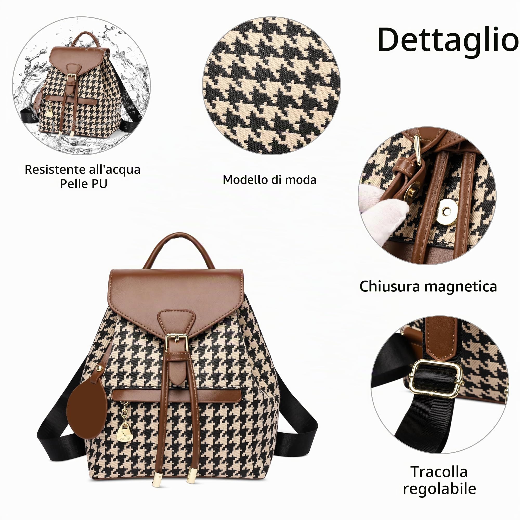 Borsa Zaino Donna Elegante Zainetto Antifurto Impermeabile Daypack Mode Stampa Tracolla Moderno Borse Spalla Mano per Scuola Shopping Università Viaggio Vacanza Lavoro in Pelle PU Marrone