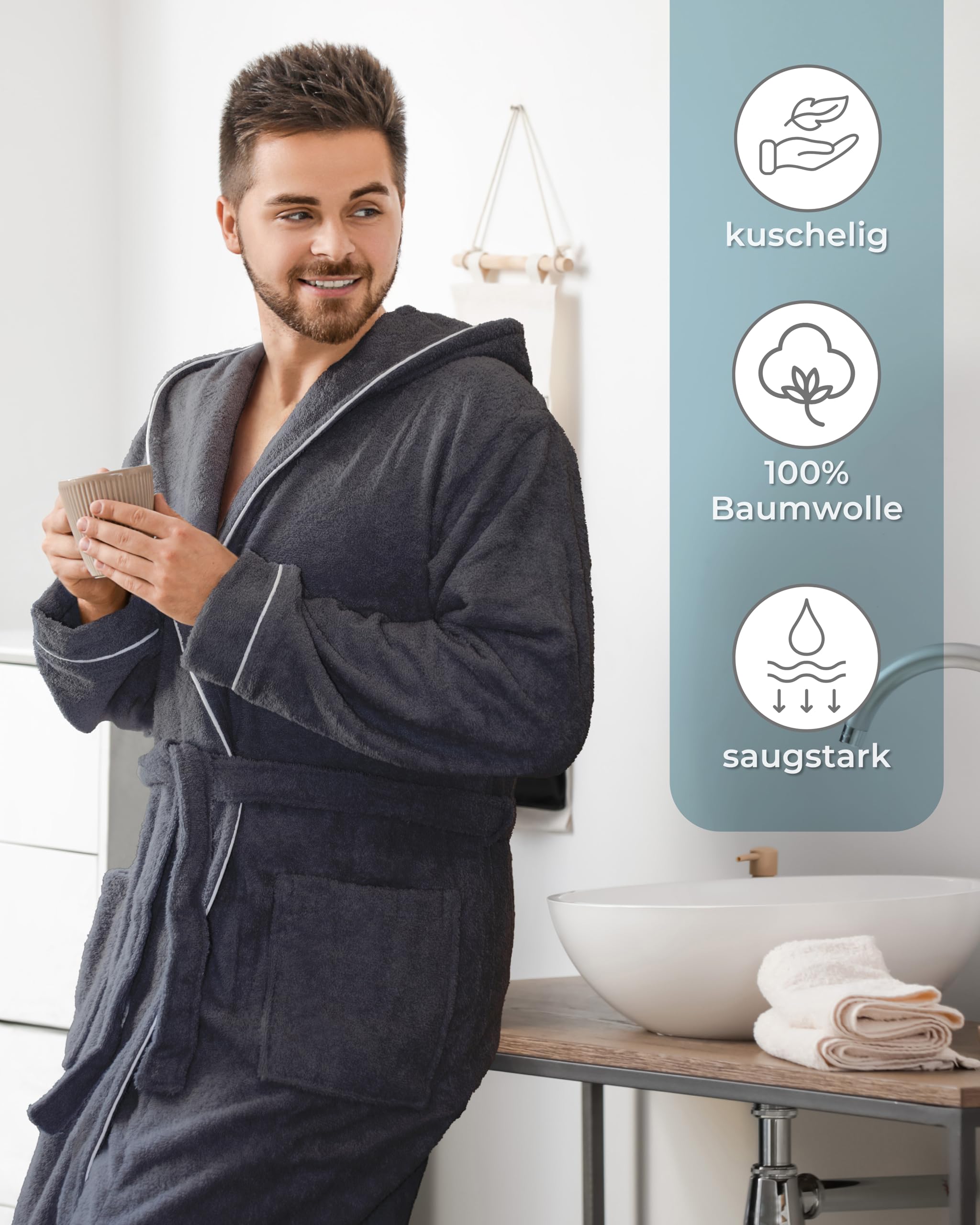 LAYNENBURG Bademantel Herren Frottee - Kapuze - Lang - 100% Baumwolle (360g/m2) - OEKO TEX Standard 100 - Größe M, L, XL, XXL, 3XL