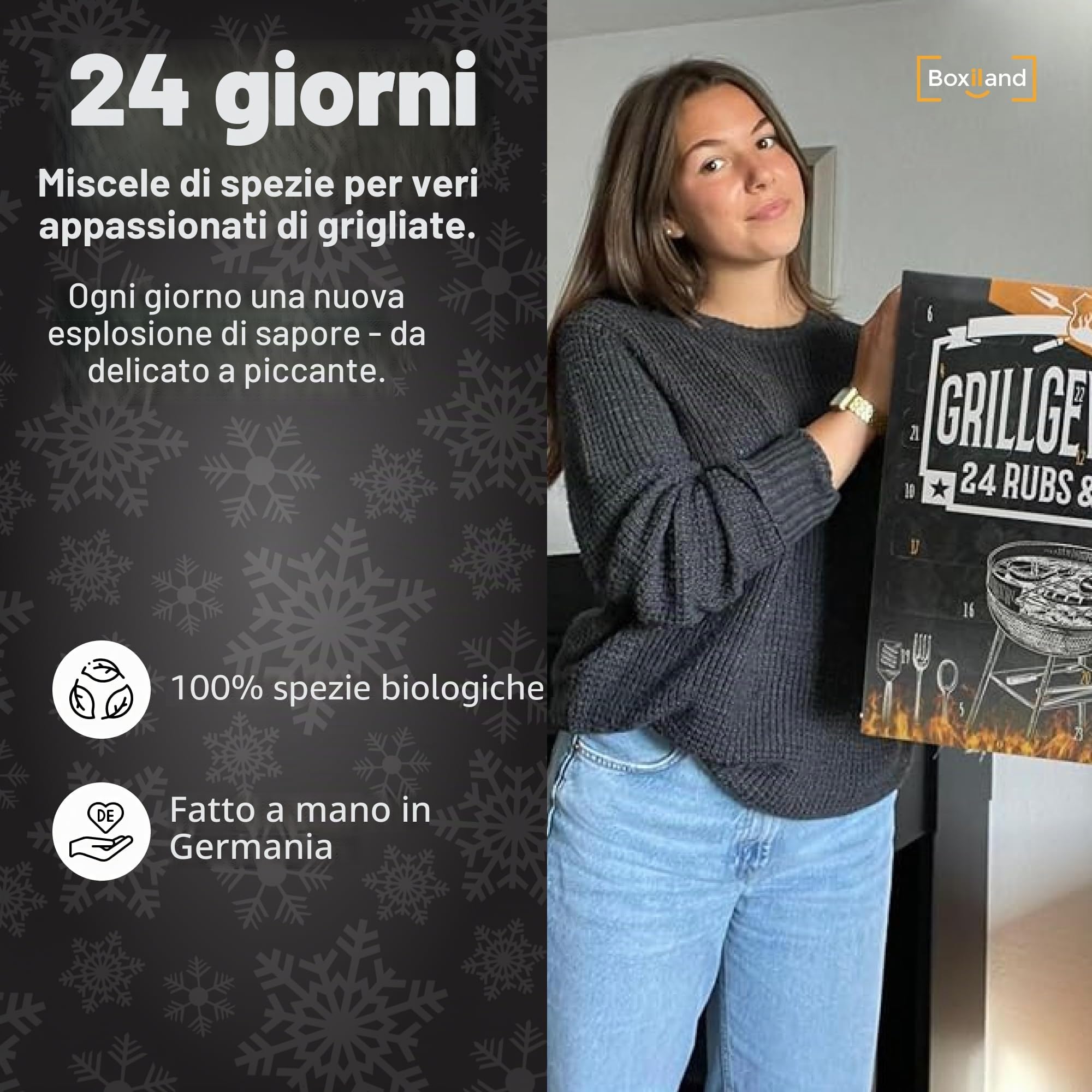BOXILAND® Calendario dell’Avvento BIO BBQ 2025 – 24 spezie e miscele premium per appassionati di grigliate, barbecue e buongustai – Con aroma fresco, senza additivi, confezionato a mano in Germania