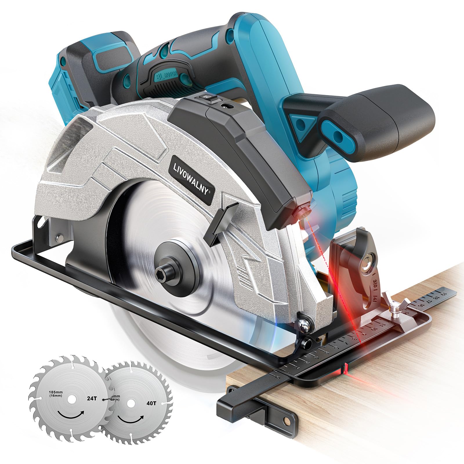 LIVOWALNY Scie Circulaire Sans Fil Compatible avec Makita Batterie 18V, Ø165 mm Lame 20 mm, Profondeur de Coupe 66 mm, Guide Laser, Réglage Sans Outil, Moteur Brushless(Outils Uniquement)-Bleu