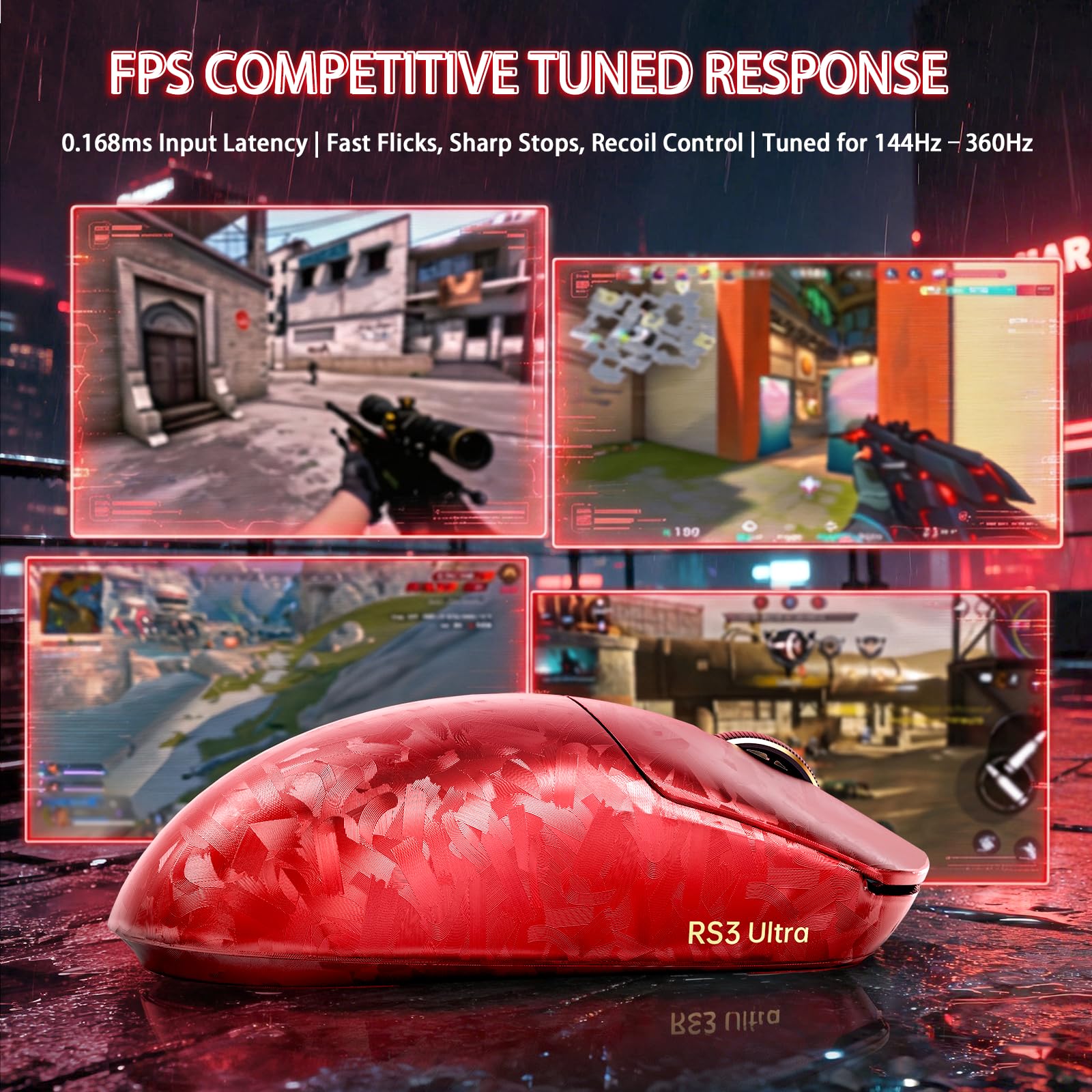 MAMBASNAKE ATTACK SHARK RS3 ULTRA Mouse Gaming Wireless In Fibra Di Carbonio, MCU Nordic 54L15, Sensore PAW3955MAX, Fino A 52000 DPI, Dual 8000Hz, 66g Ultra Leggero, Dongle Shark-Fin,for PC/MAC, Rosso