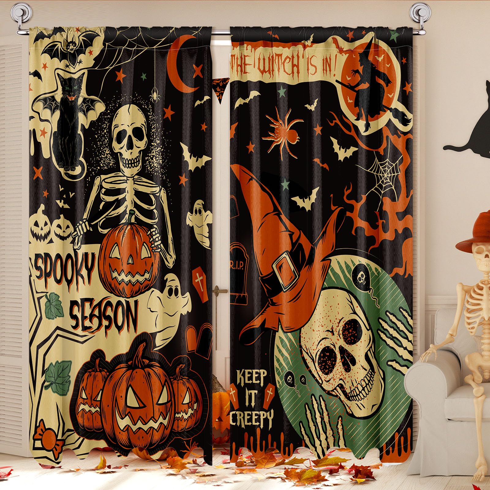 SmoothNovelty 2 Pcs Halloween Curtains for Living Room Gothic Skeleton