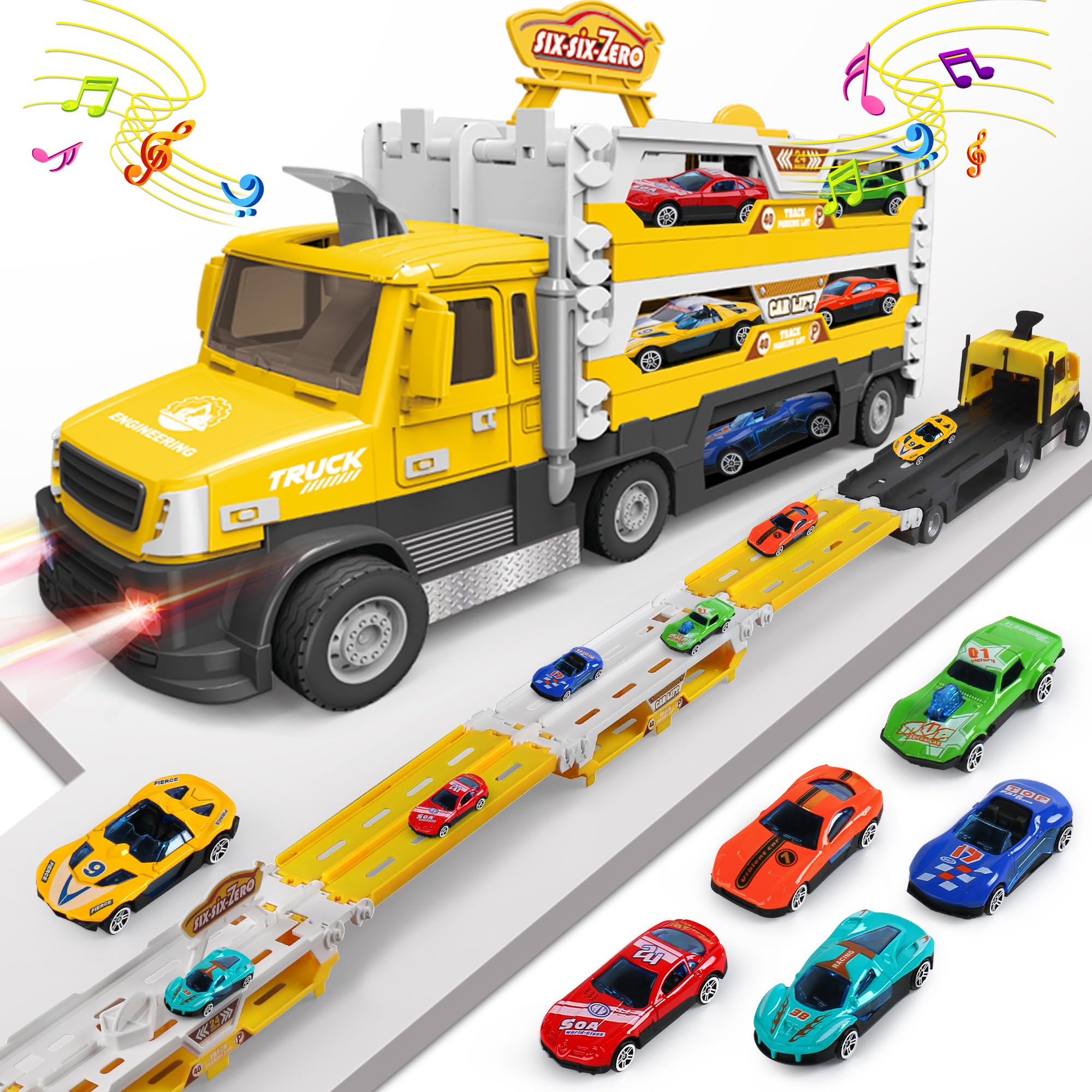Carrier Truck Toys for Kids, 4.6-FT Foldable Hauler Track Ejection Car and 6 Metal Race Car with Light&Sounds, Truck Toy Child Toys Gifts for 3 4 5 6 7 8 + Year Old Boys Girls-Yellow