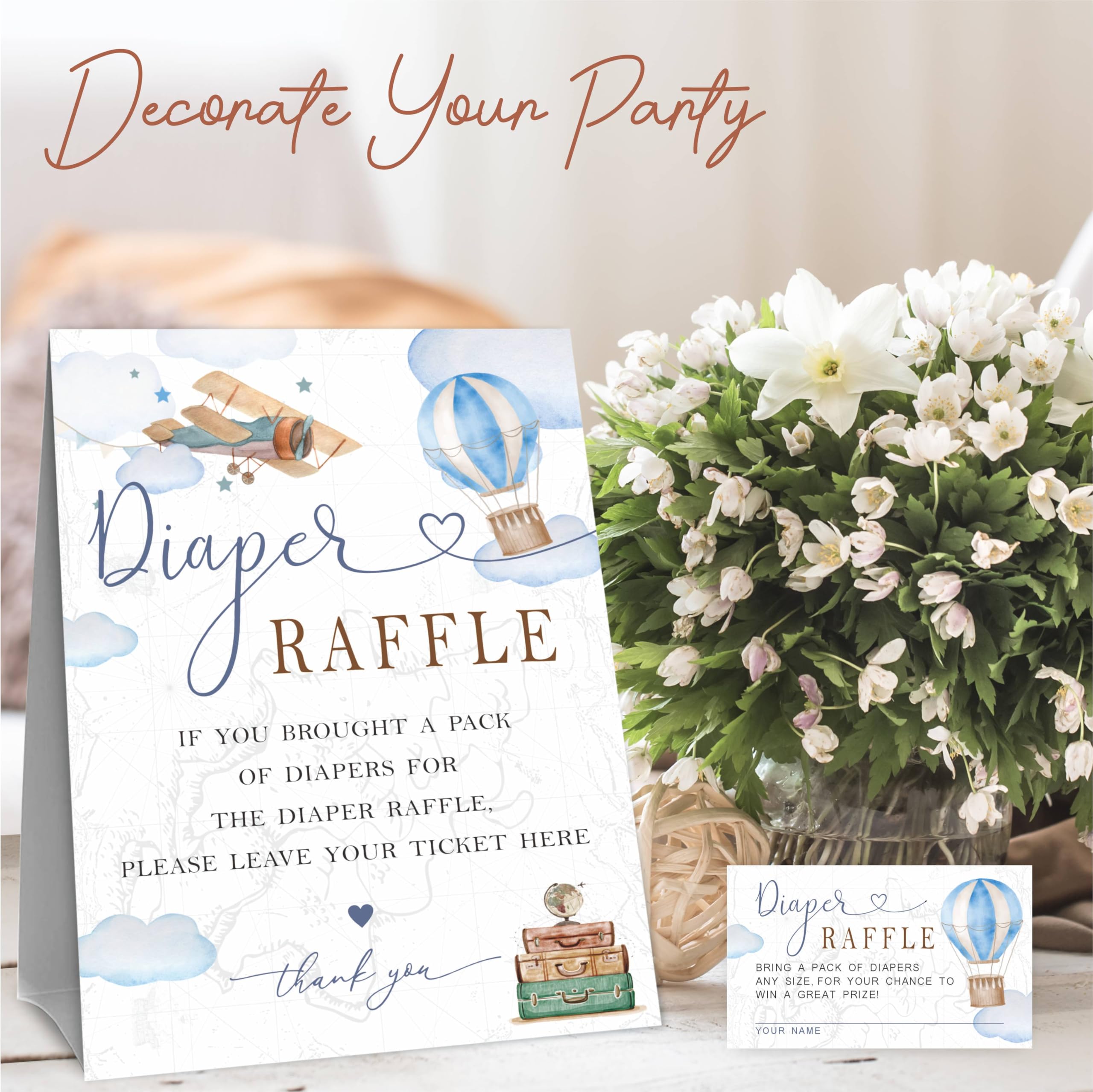 Baby Shower Diaper Raffle Game Kit – Airplane & Hot Air Balloon Design, Includes 50 Tickets & 1 Standing Sign, 5x7 Inch - View #2