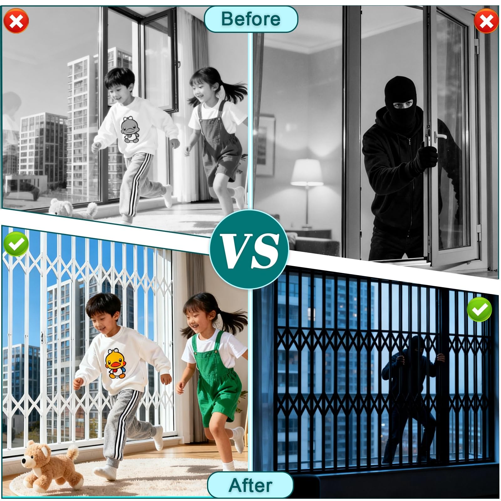 Recinzioni di sicurezza e inferriate antifurto, protezioni for ringhiere di balconi e finestre pieghevoli for impieghi gravosi, for la sicurezza dei bambini in casa(W35.4xH43.3"90X110CM)