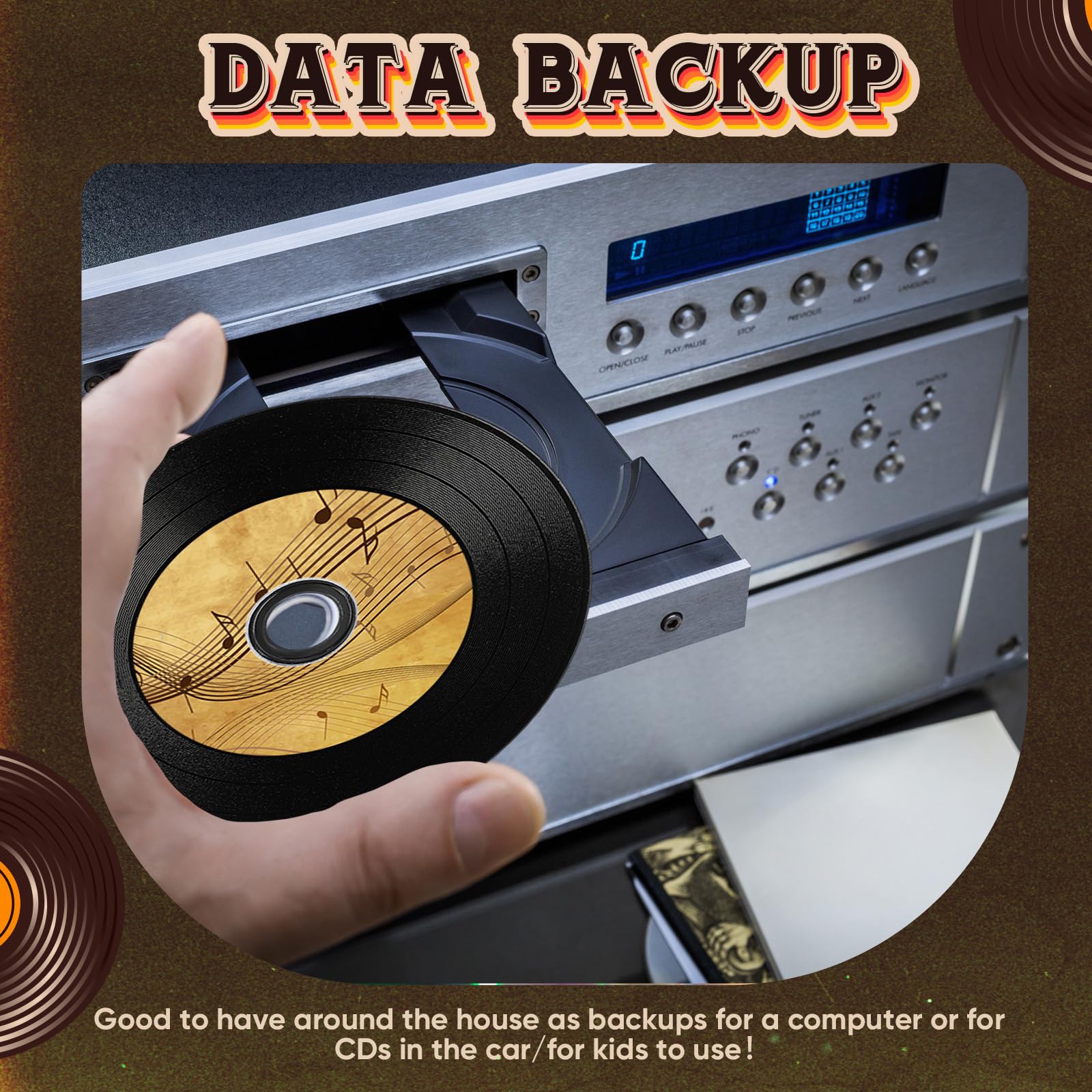50 dischi CD-R vuoti, 700 MB, 80 min, 52x, in vinile, con centro stampabile a getto d'inchiostro bianco e superficie di registrazione nera per dati musicali