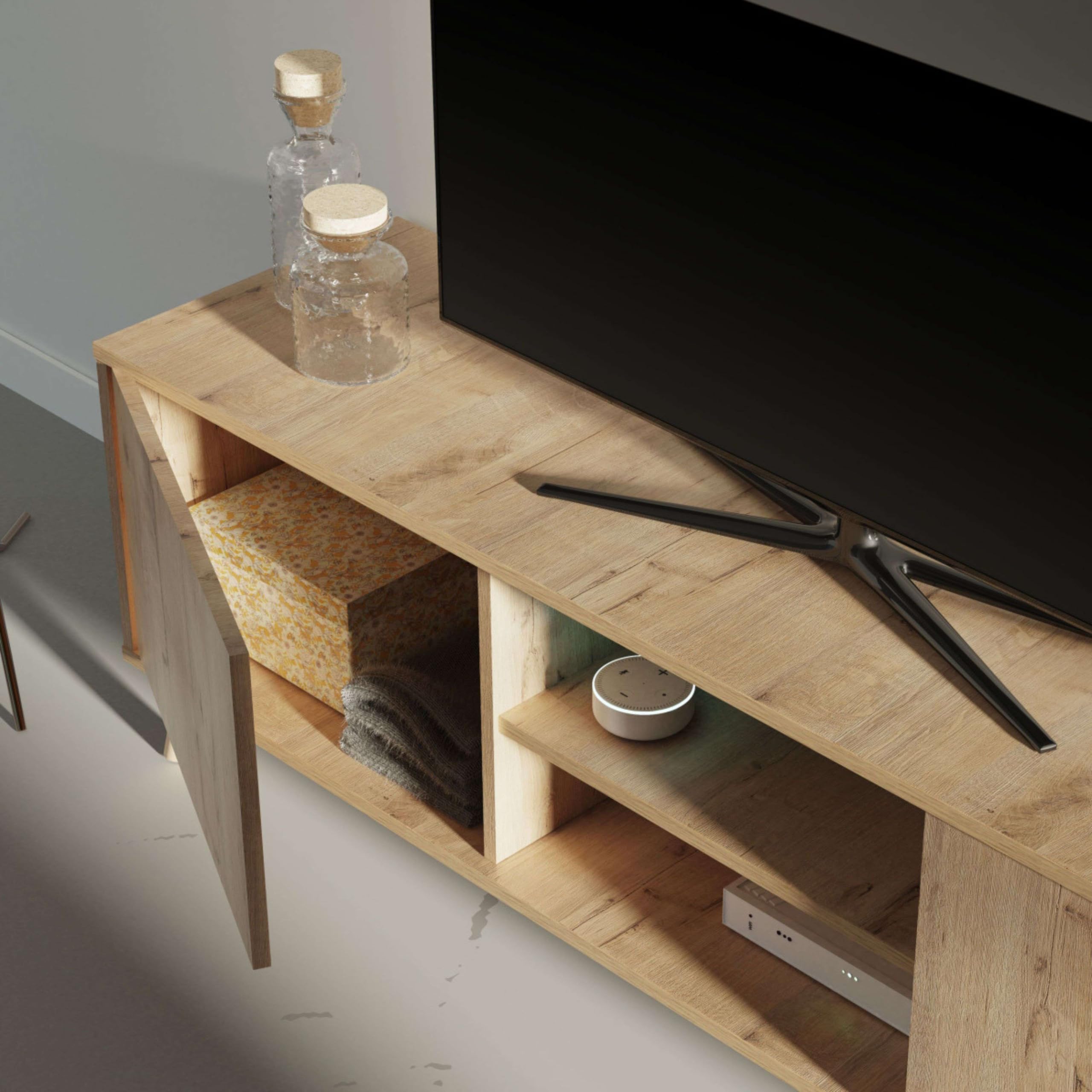 MUEBLES PITARCH | Mueble TV con Patas 2 Puertas y Estante, Mueble de Televisión Industrial, Roble Gold, 55x160x40cm, Módulo de Salón, Moderno, Modelo Oslo
