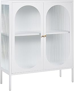 Beliani Aparador de Metal Blanco Dorado 90 x 35 cm 2 Puertas Cristal Frontal Lateral Sarre