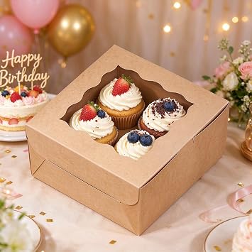 15PCS Kraft Cake Boxes with Window,6x6x2.5inch Brown Bakery Boxes with Display Cardboard Cookie Boxes for Cakes,Strawberries,Donuts,Muffins,Macaroon
