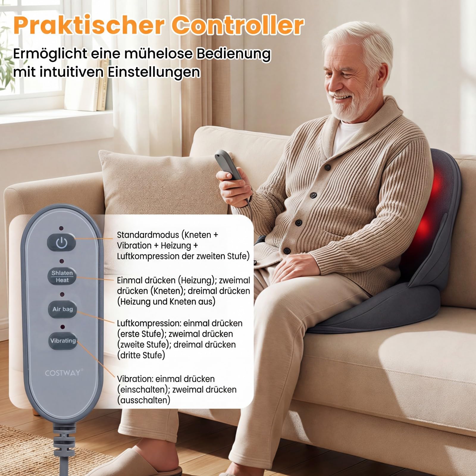 COSTWAY Massagesitzauflage mit Wärmefunktion, Vibration, Controller & Knetmassage, Faltbare Shiatsu Rückenmassagegerät für Rücken & Hüftstütze, Massagekissen Sitzkissen für Hause Büro