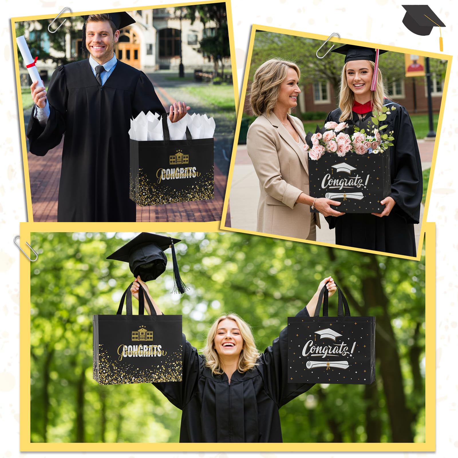YANGTE 2 Pack 13" Large Graduation Gift Bags with Tissue Paper and Cards, Reusable Non-Woven Graduation Bags with Handle, Congrats Grad Gift Wrap Bags for High School, College