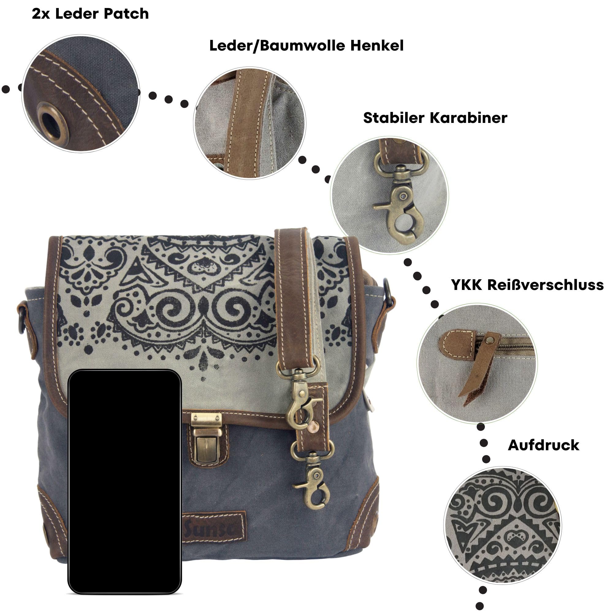 Sunsa Damen Umhängetasche. Canvas/Leder Messenger Tasche. Grau/schwarz