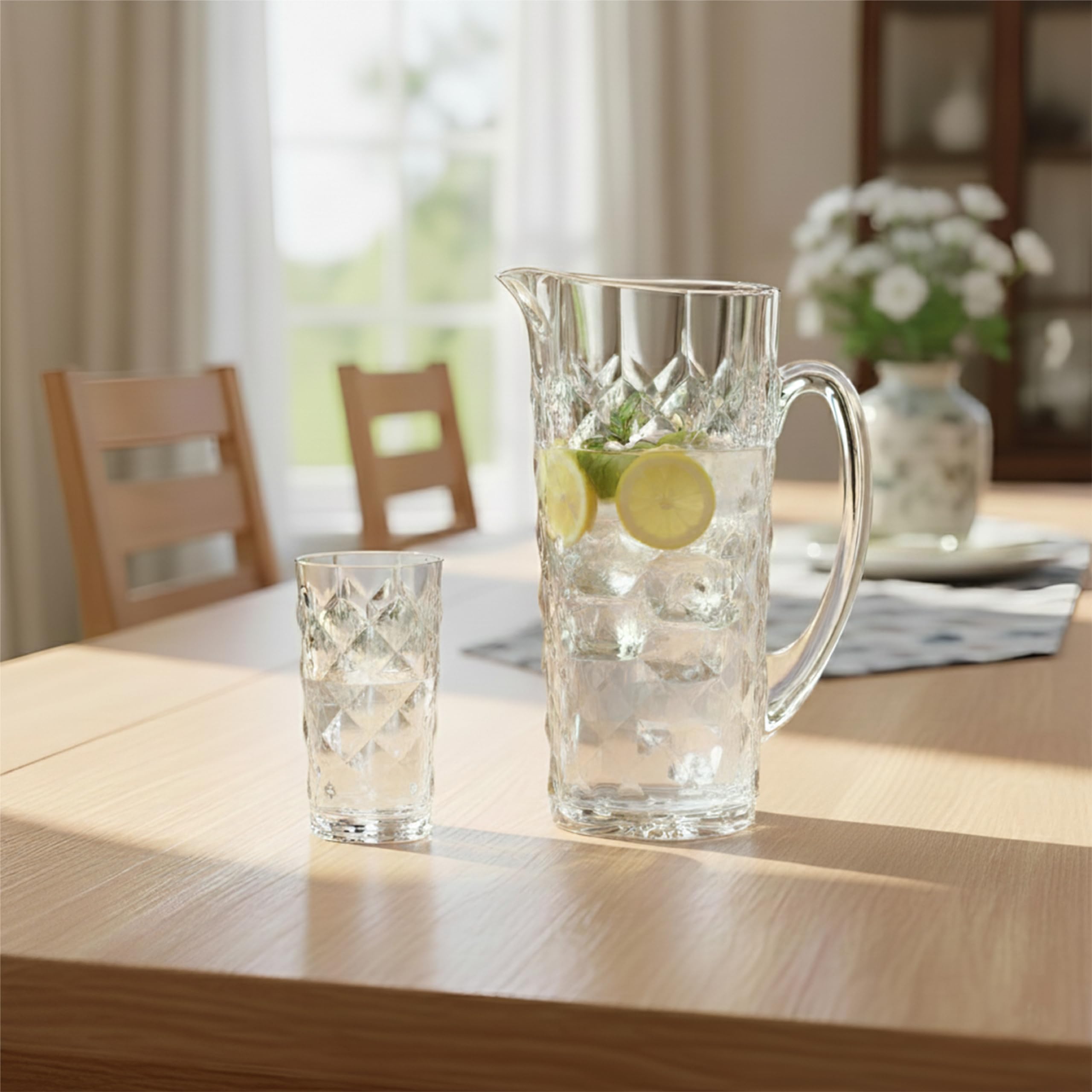 Crystal Bohemia Krug und Trinkgläser - Spülmaschinenfester Krug und 6 kratzfeste Trinkgläser (je 330 ml) aus Kristallglas - Für den täglichen Gebrauch, Familien, Restaurants und Partys