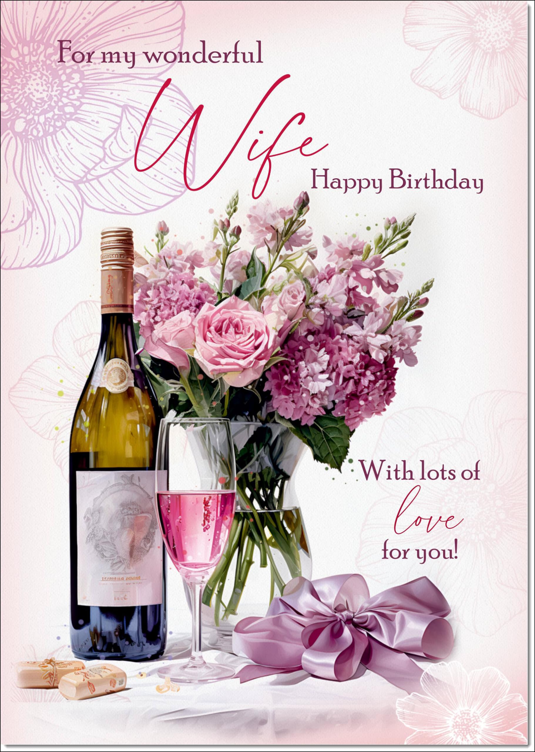 doodlecards Wife Birthday Card Roses and Red Wine Large A4 Size with Plain Envelope