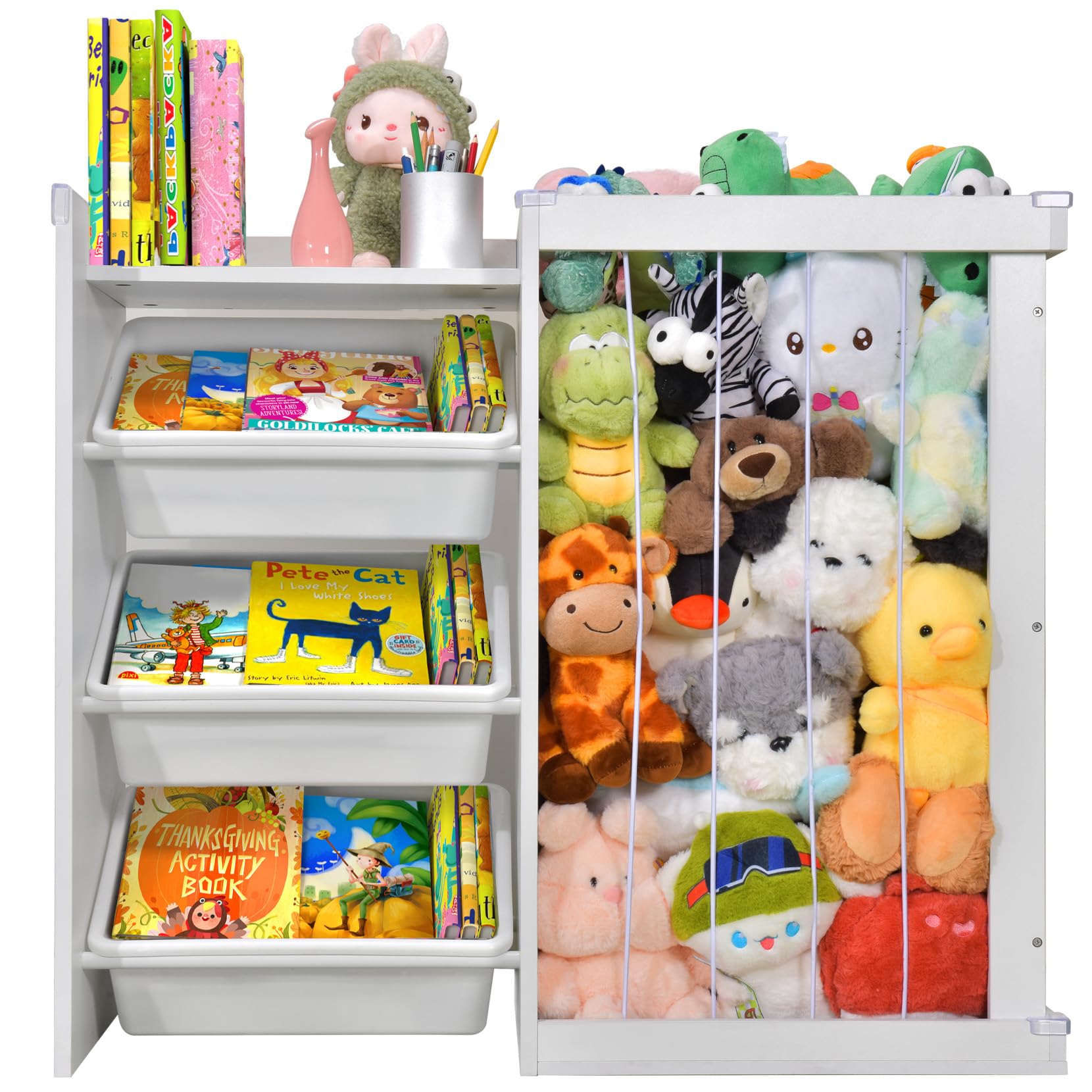 Kids Bookshelf and Toy Storage, 3 Tier Wooden Toy and Book Storage for Kids, Toy Organizers and Storage with Stuffed Animal Storage, Kids Toy Storage Organizer Book Rack for Kids Bedroom, Playroom