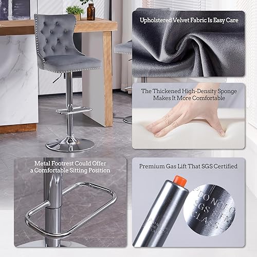 Miniatura 7 de Juego de 2 taburetes de bar modernos con respaldo copetudo con tirador de anillo, taburetes altos giratorios ajustables de terciopelo con base
