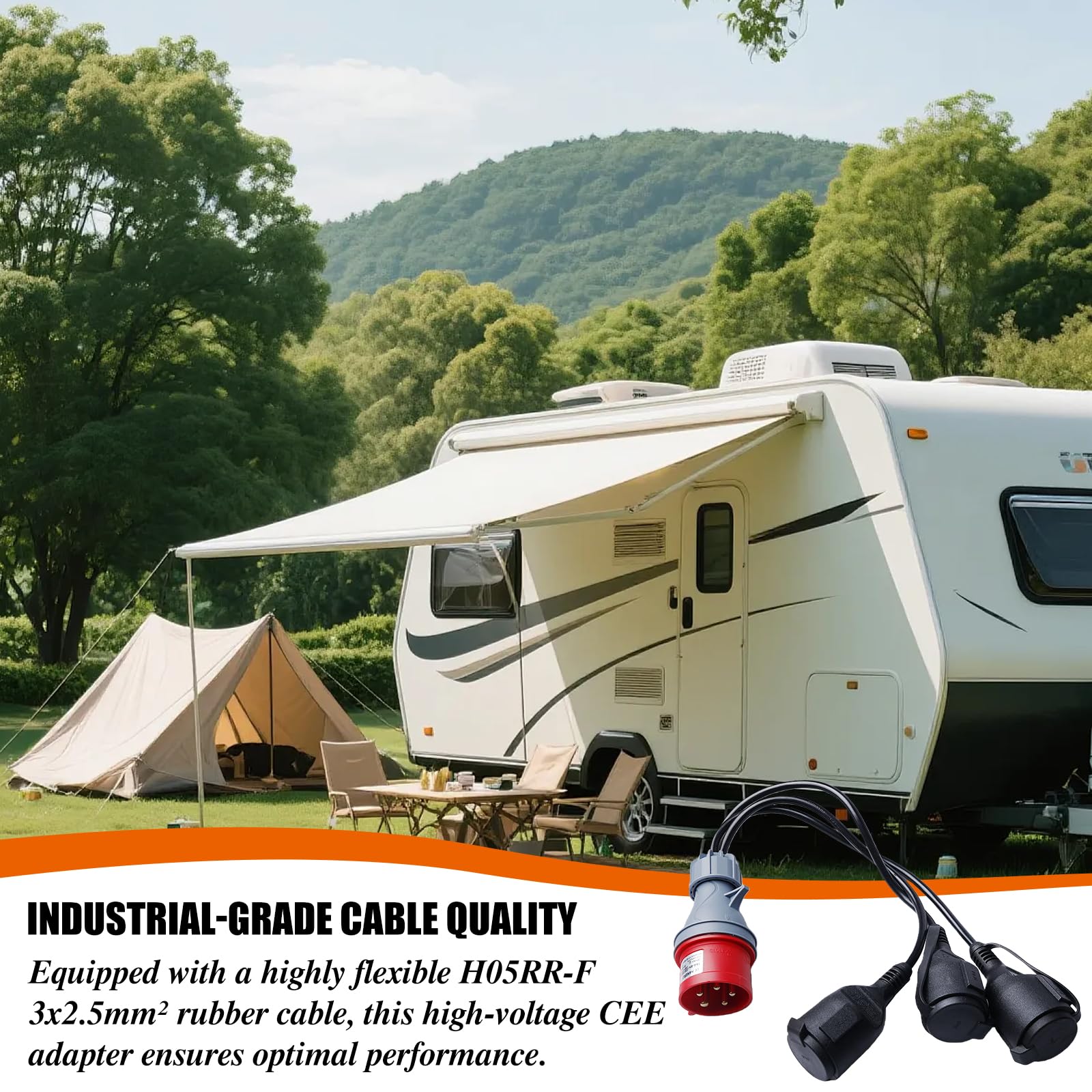 Adaptateur CEE, Câble Adaptateur CEE de Camping avec Couvercle Rabattable et Prise de Terre, Adattatore CEE 400 V 16 A, Fiche vers 3 Prises 230 V, pour Caravanes, Industrie, Espaces Extérieurs
