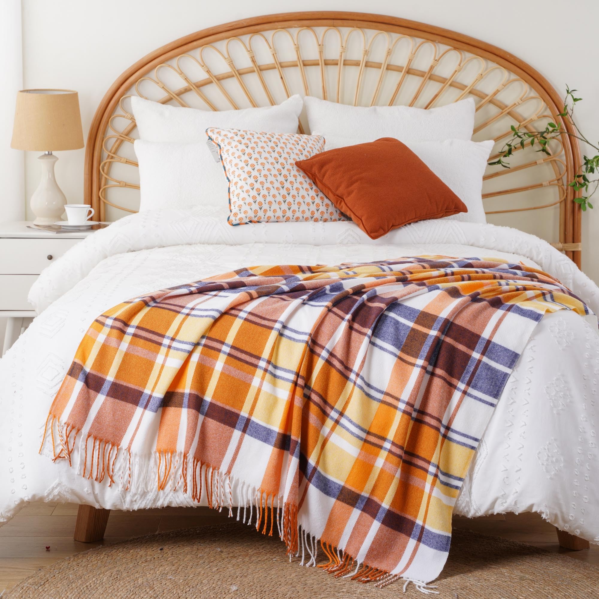 BATTILO HOME Rust Plaid Throw Blanket for Couch Bed Decorative Orange Fall Throw Blankets - Image 3