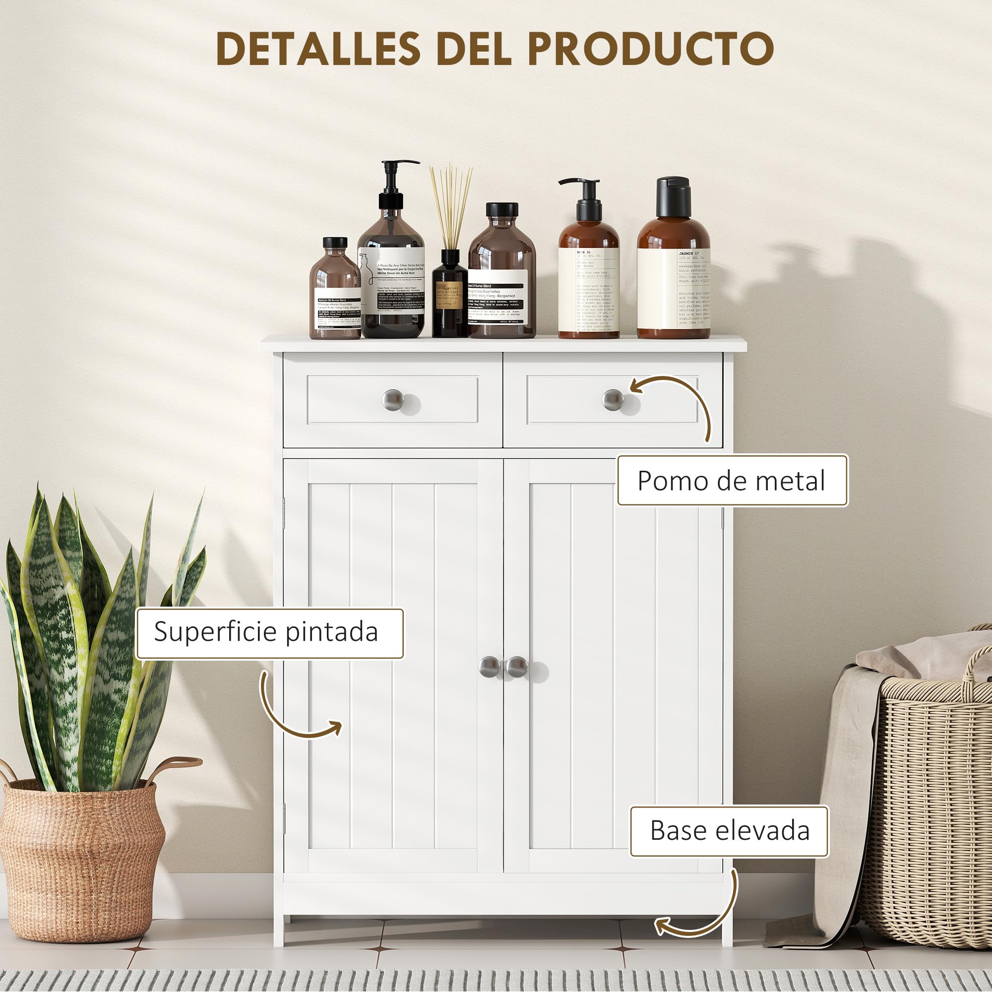 kleankin Armario Auxiliar de Baño 2 Cajones 2 Puertas 60x30x75 cm Blanco | Mueble Auxiliar de Baño, Estante Ajustable, Estilo Moderno, para Ducha Dormitorio