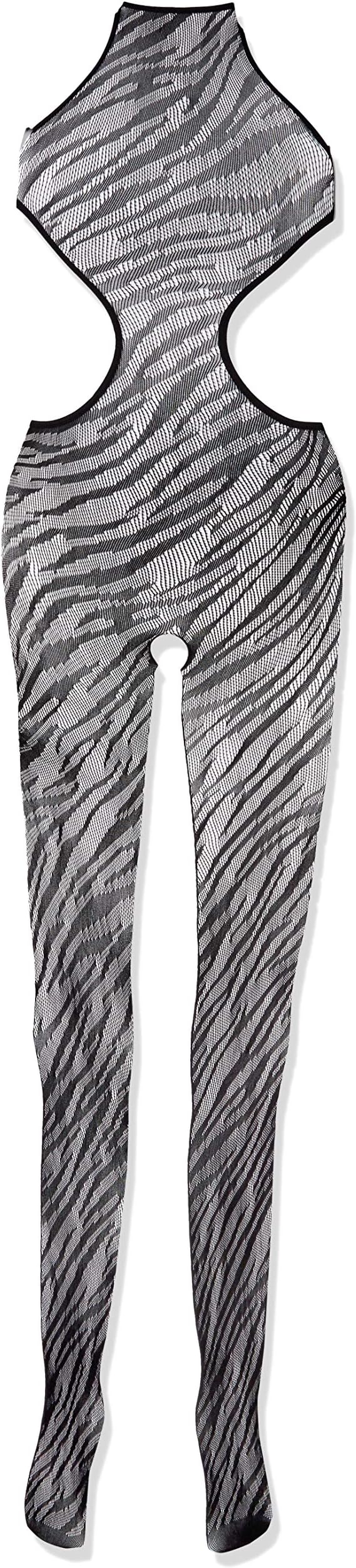 Glitter Women's Zebra Pattern Halter Body Stocking with Open Crotch