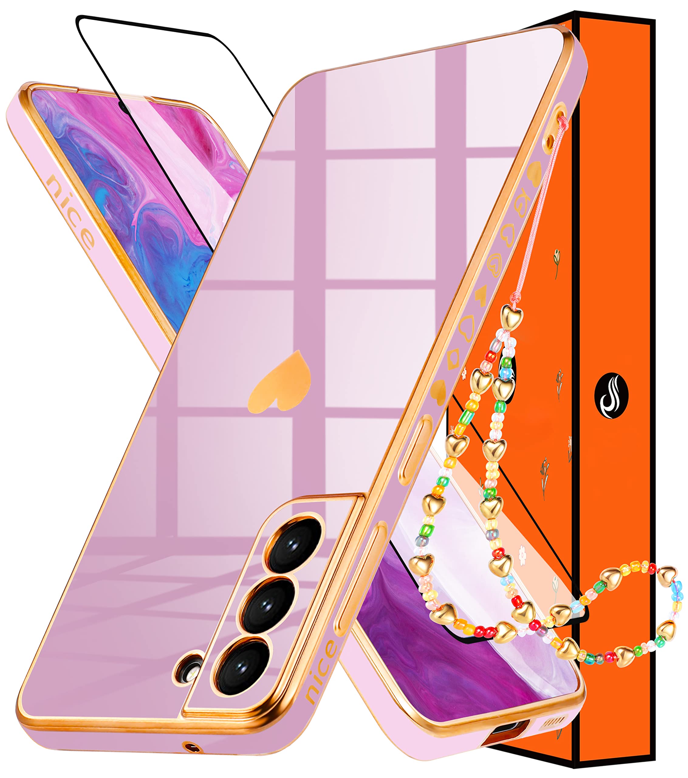 Photo 1 of Shorogyt Heart Case for Samsung Galaxy S22 5G 6.1 Inch Women Cute Aesthetic Love Hearts Pattern Girls Purple Gold Luxury Girly Design Cases Trendy Cover+Screen+Chain for S22 5G 6.1”(3in1) Only for Samsung S22 Purple