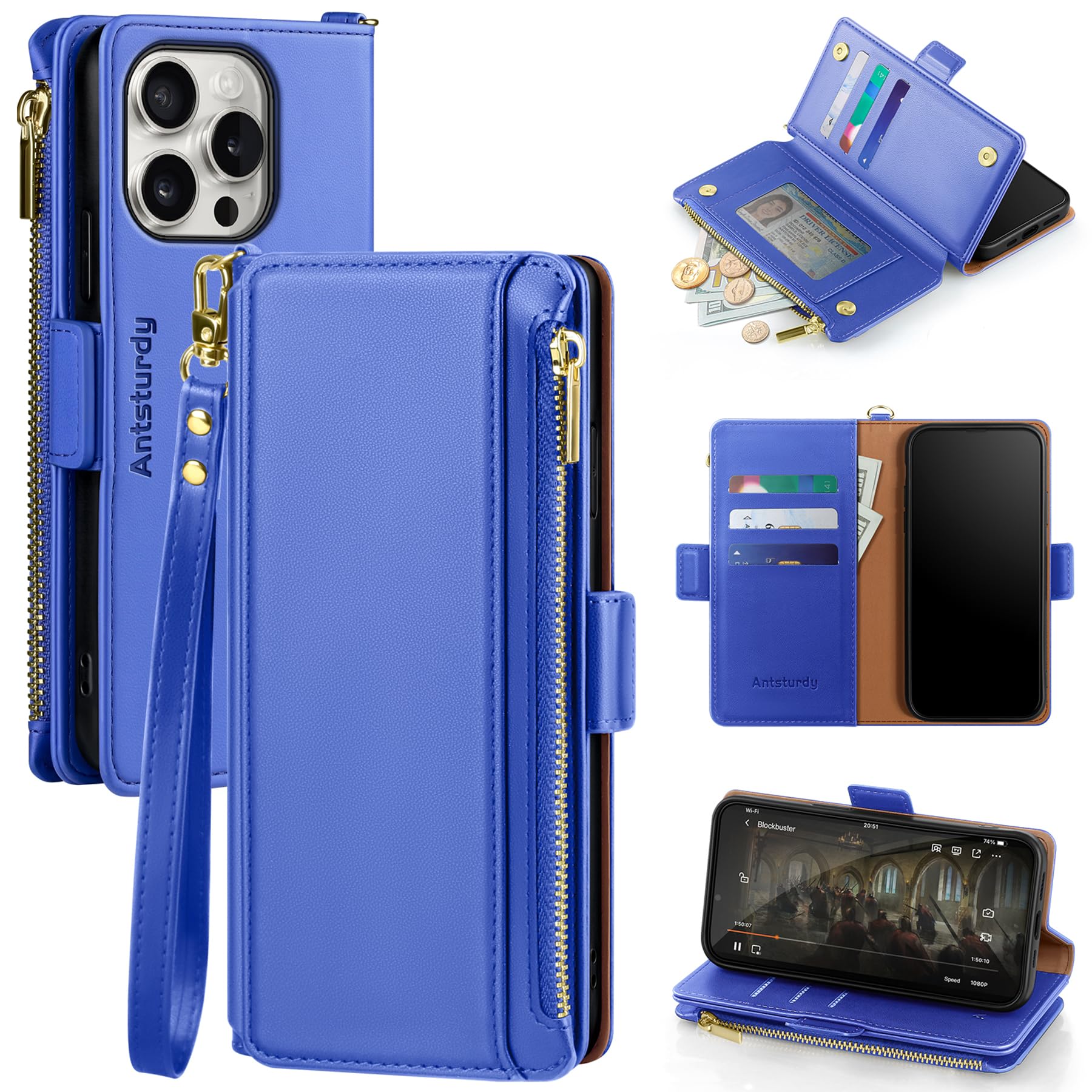 Antsturdy for iPhone 16 Pro Max Phone Wallet Case Women,Purple Blue | RFID Blocking,with Credit Card Holder Slots,PU Leather Purse,Zipper Pocket,Wrist