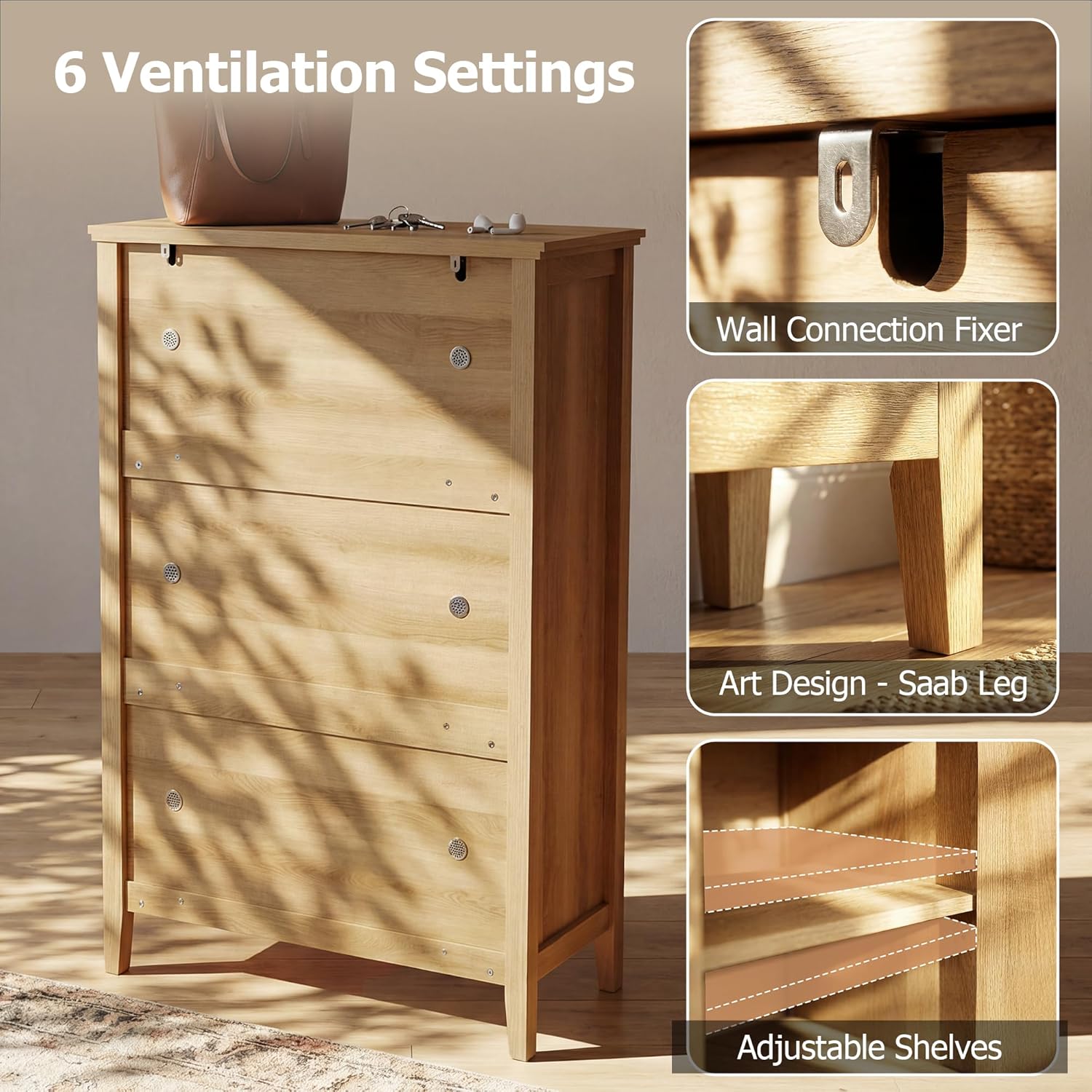 5-Tier Shoe Cabinet with Drawers, Wooden Shoe Storage Cabinet with Adjustable Shelves,Simple Tribal Style Freestanding Walnut Shoe Cabinet Suitable for Entrance,Corridor,Cloakroom,Natural