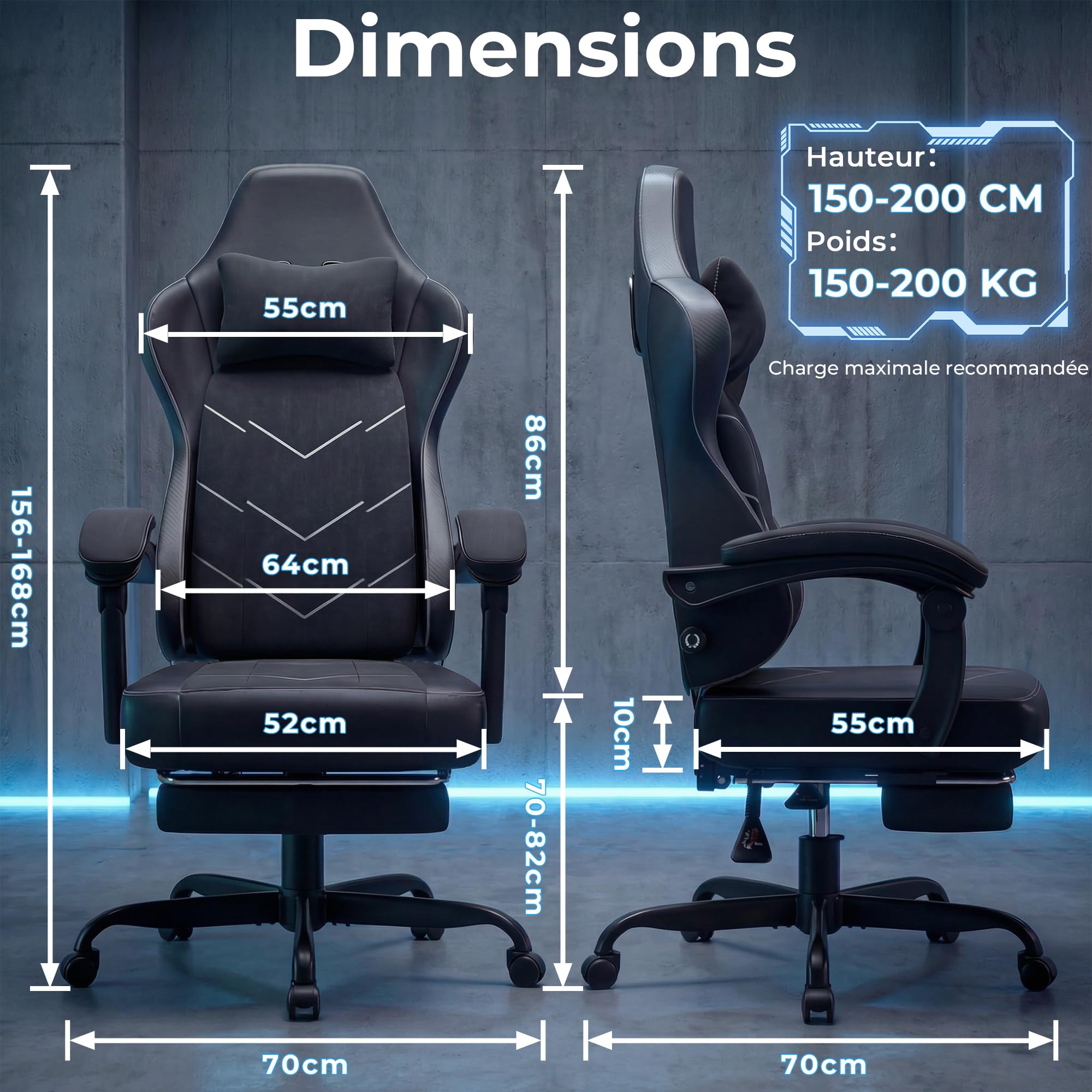 Devoko Sedia girevole per videogiochi con supporto lombare, poltrona ergonomica con molle + cuscino in schiuma ad alta densità, schienale reclinabile a 135°, altezza regolabile 10 cm, braccioli