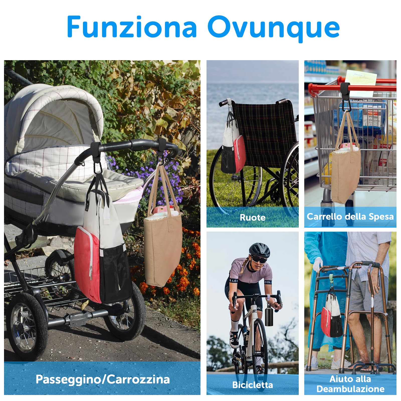 Ganci per Passeggino Porta Borse in Pelle, 2 Pezzi Universali Accessori Passeggino per Appendere Borse, Zaini e Borsa della Spesa, Antiscivolo, Cuciture Forti (Nero)