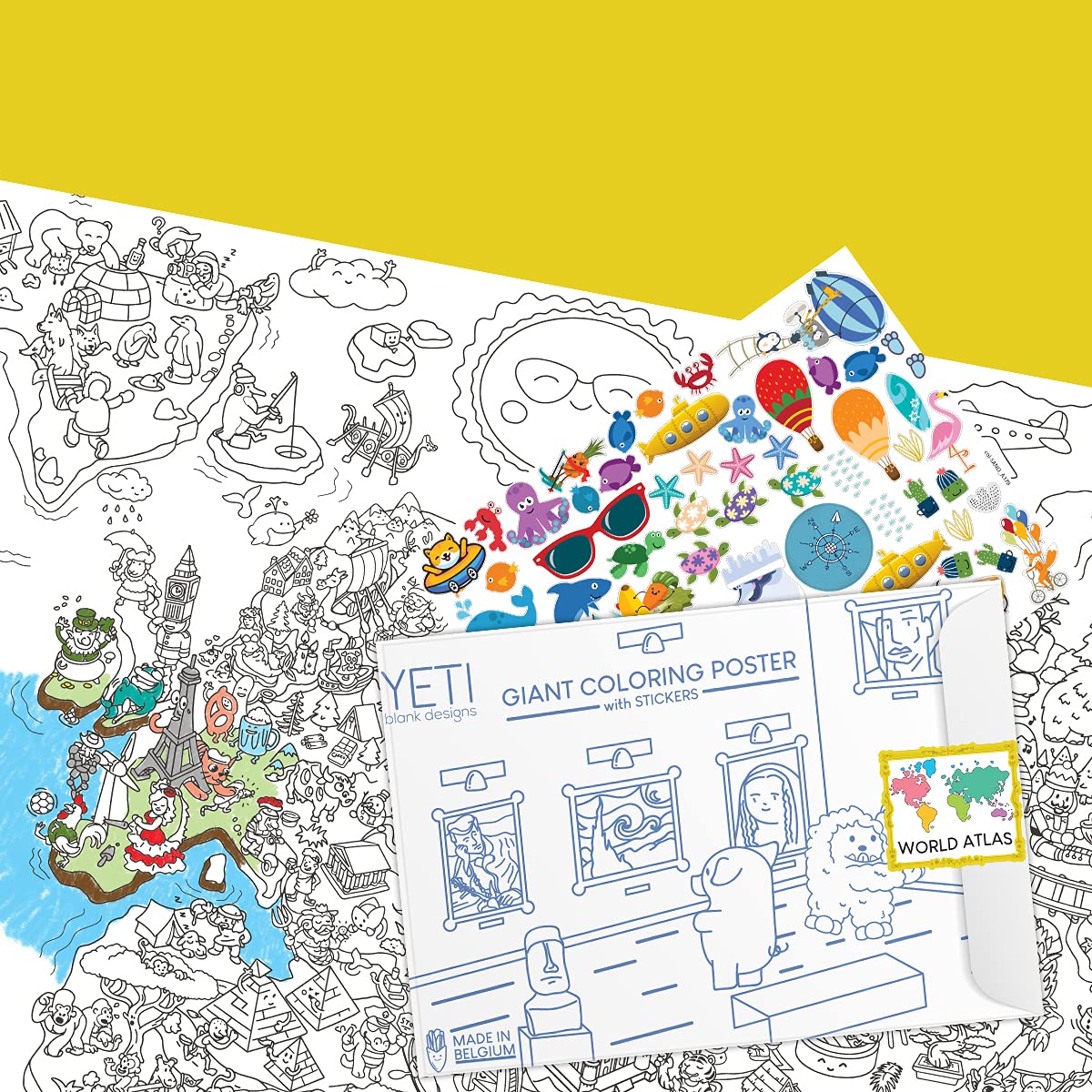 YETI BLANK DESIGNS - Poster Géant à Colorier avec 70+ stickers - Atlas Carte du Monde - XL (100x70cm) - idée cadeau poster avec autocollants - facile à encadrer - immense coloriage enfants